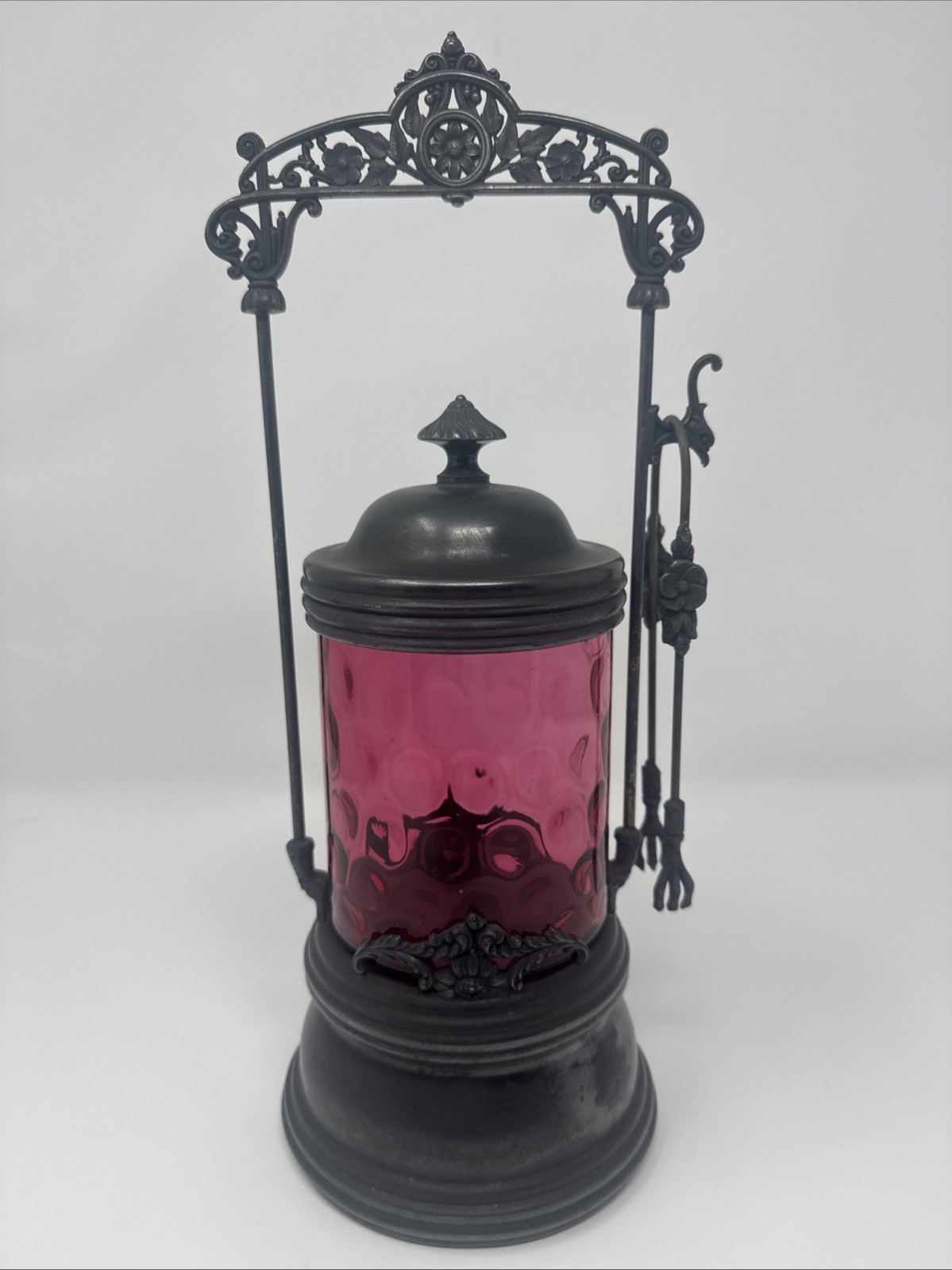 Antique 1800’s Victorian Pickle Castor in Cranberry Glass Thumbprint Tongs