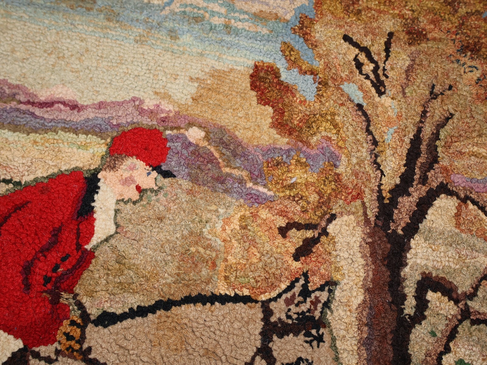Antique Primitive 58″ x 38″ Hooked Rug Equestrian Hunt Scene Dogs Horses Riders
