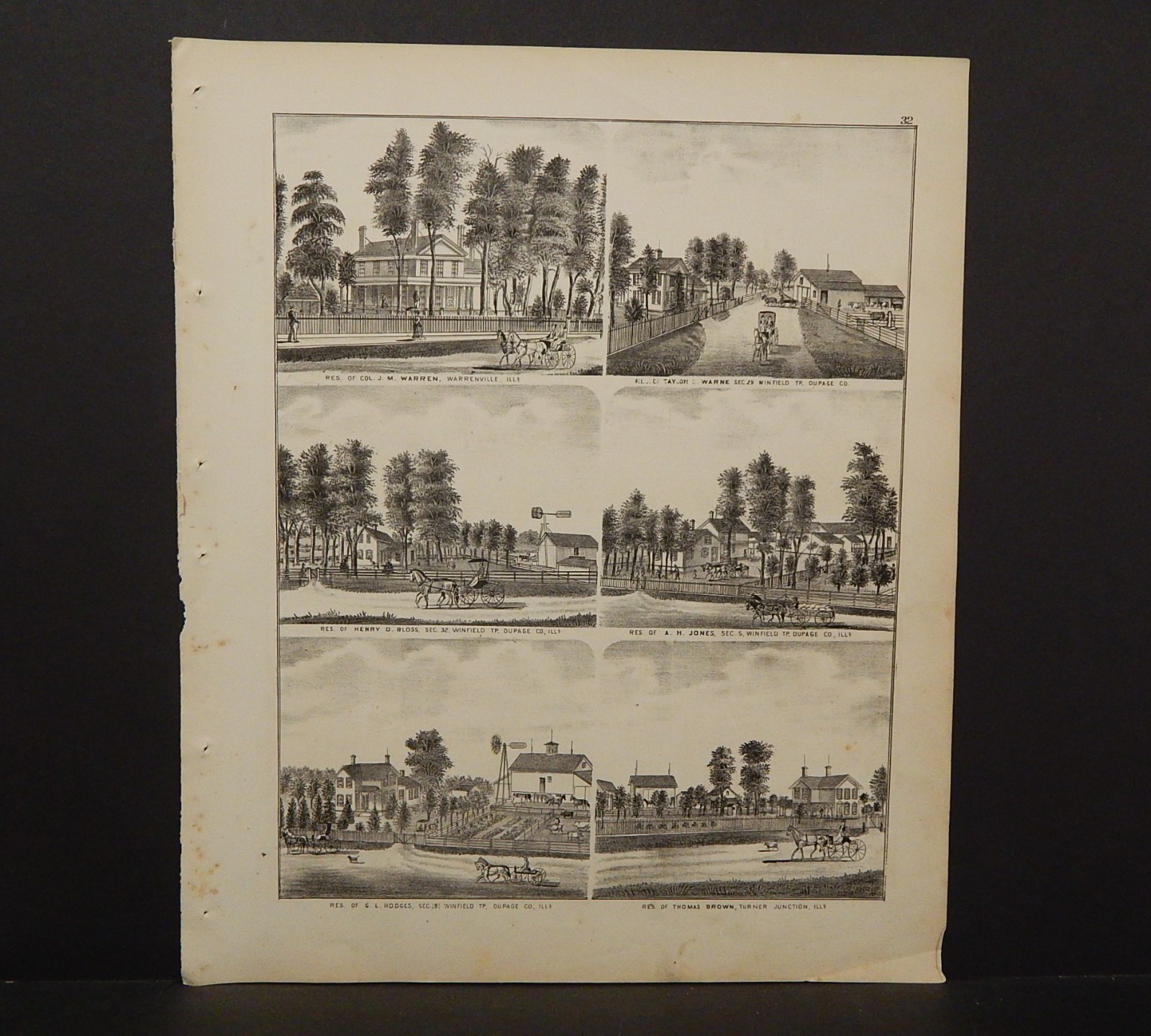 Illinois Du Page County Map Col. Warren Warrenville Engravings 1874 K13#80