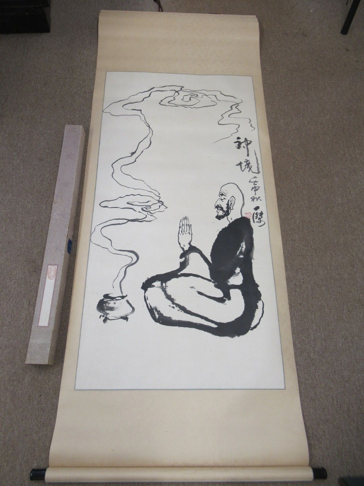 Vintage Japanese Signed wall scroll paper man praying 76″x29.5″ w / box