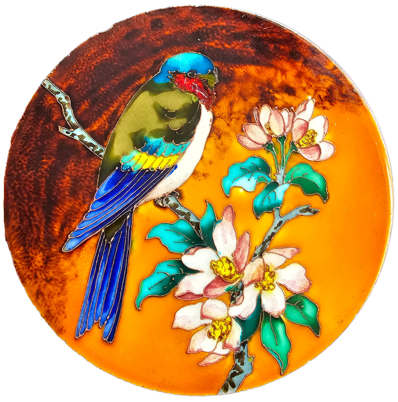Antique Round Tile Tube Lined Bird & Flowers by Minton Hollins & Co C1900