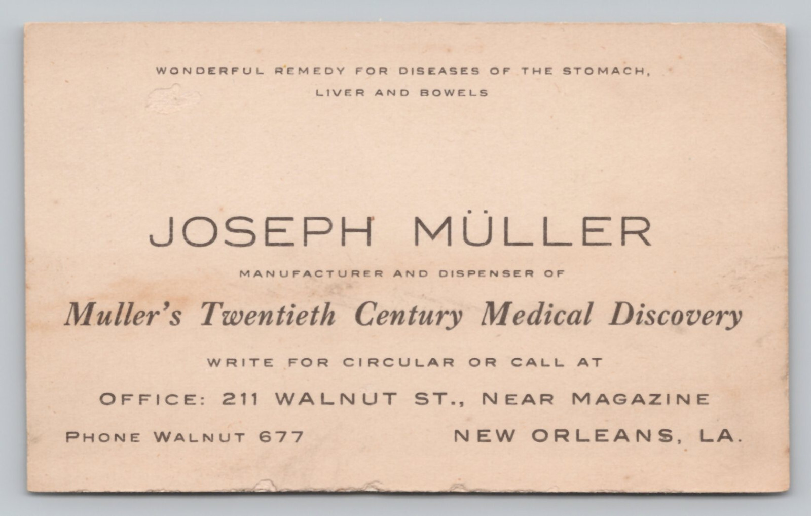 Joseph Muller Business Card – New Orleans LA – Quack Medicine – circa 1911