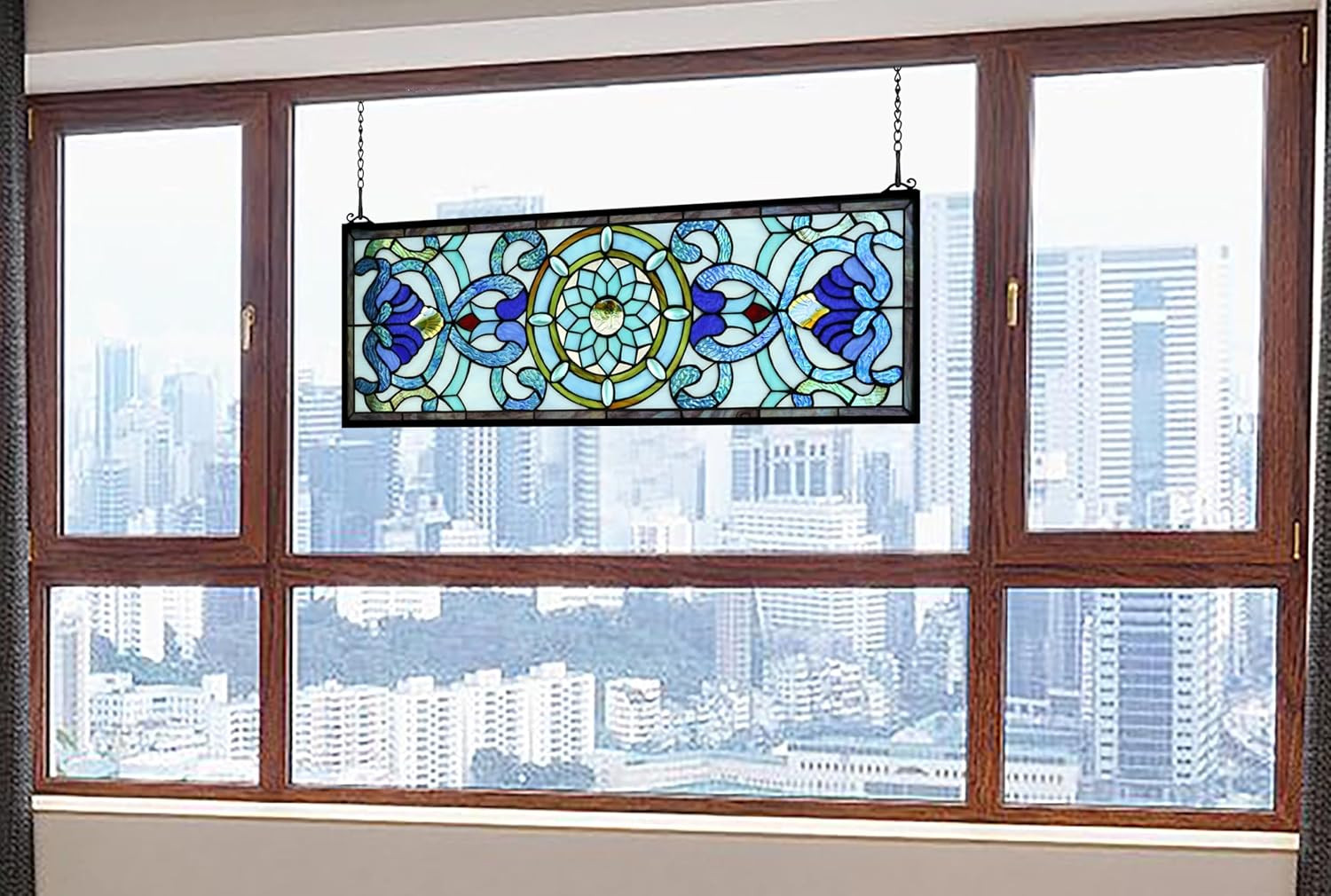 Extra Large Horizontal Blue Victorian Stained Glass Window Panels