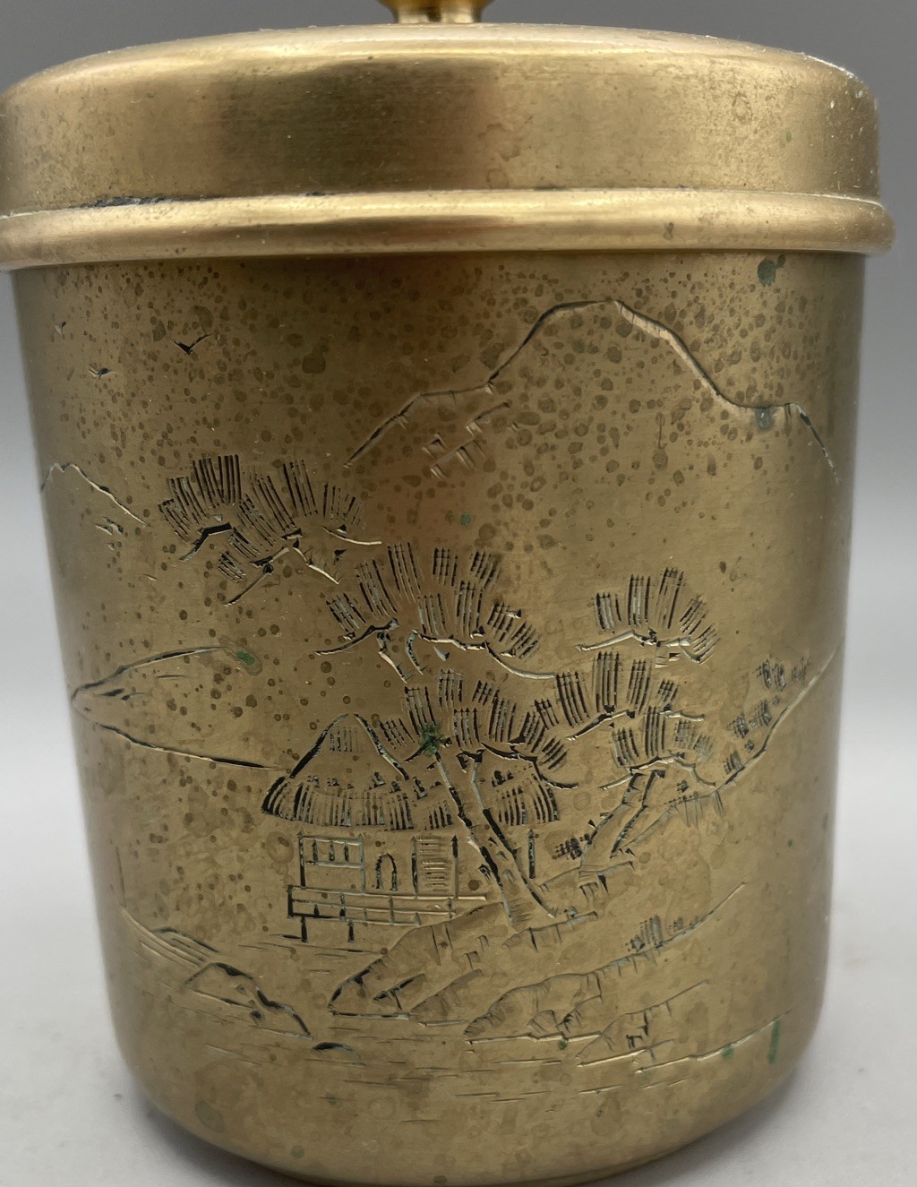Japanese Meiji Etched Brass Tea Caddy / Humidor Jar – Asian Landscape 4.4” tall