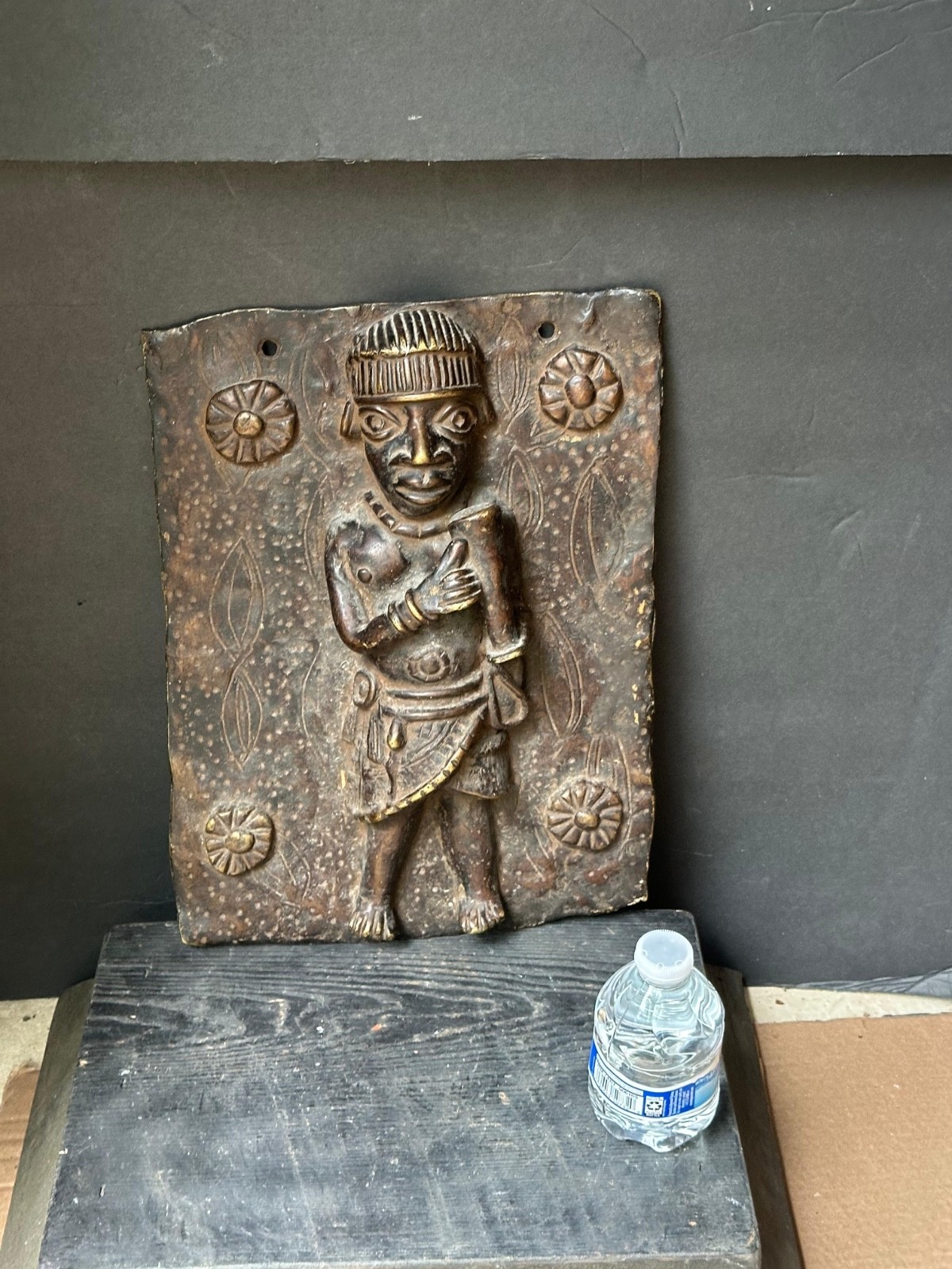 Vintage 14″ Benin Bronze Plaque | Royal Court Figure | Nigerian African Wall Art