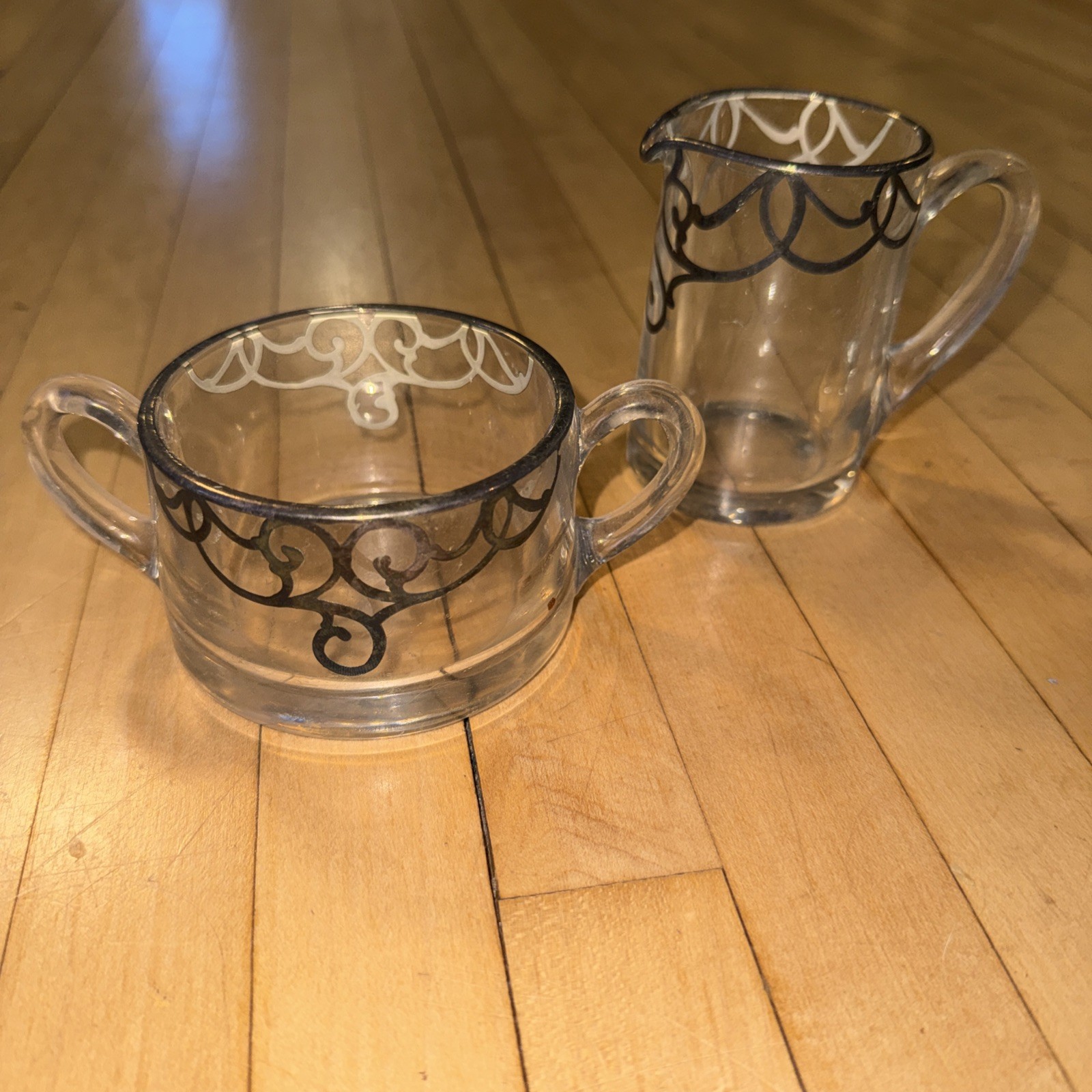 Art Nouveau Sterling Silver Overlay Glass Double Handle Sugar Bowl Creamer