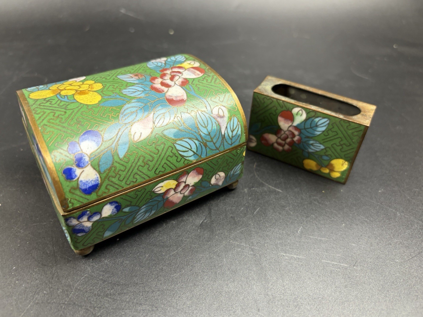 Vintage Chinese Cloisonne Brass Enamel Box with Matchbox Holder Floral Motif