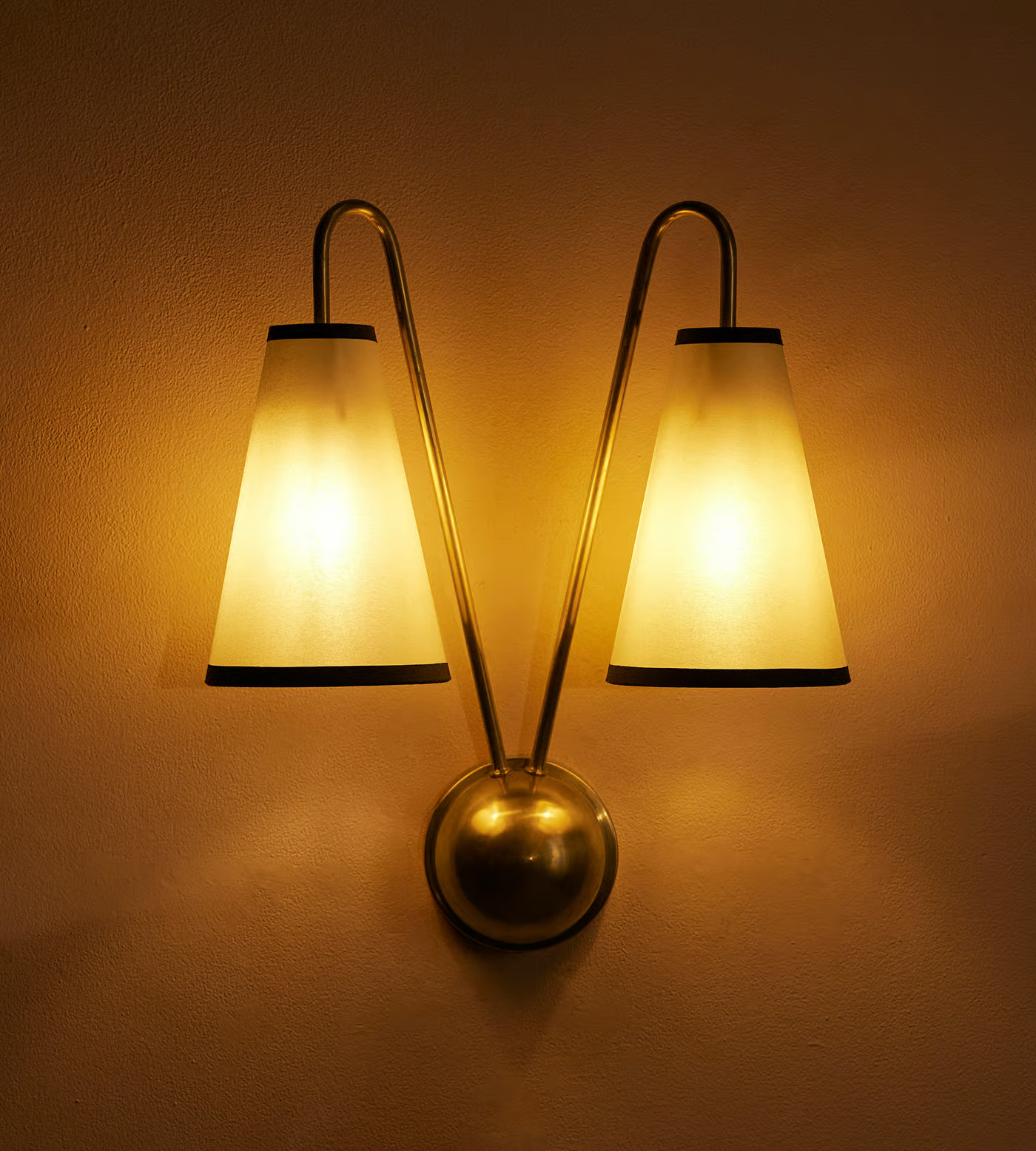 Clarke Wall Light, Antiqued Brass Dual Shade Wall Fixture Mid Century Lamp Sconc