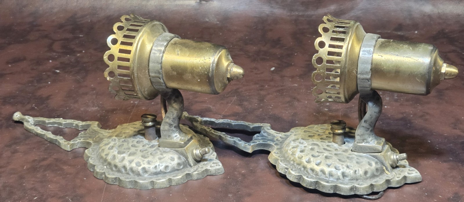 Pair Antique Wall Sconces 1920s Gothic Mission Arts & Crafts Hammered Metal