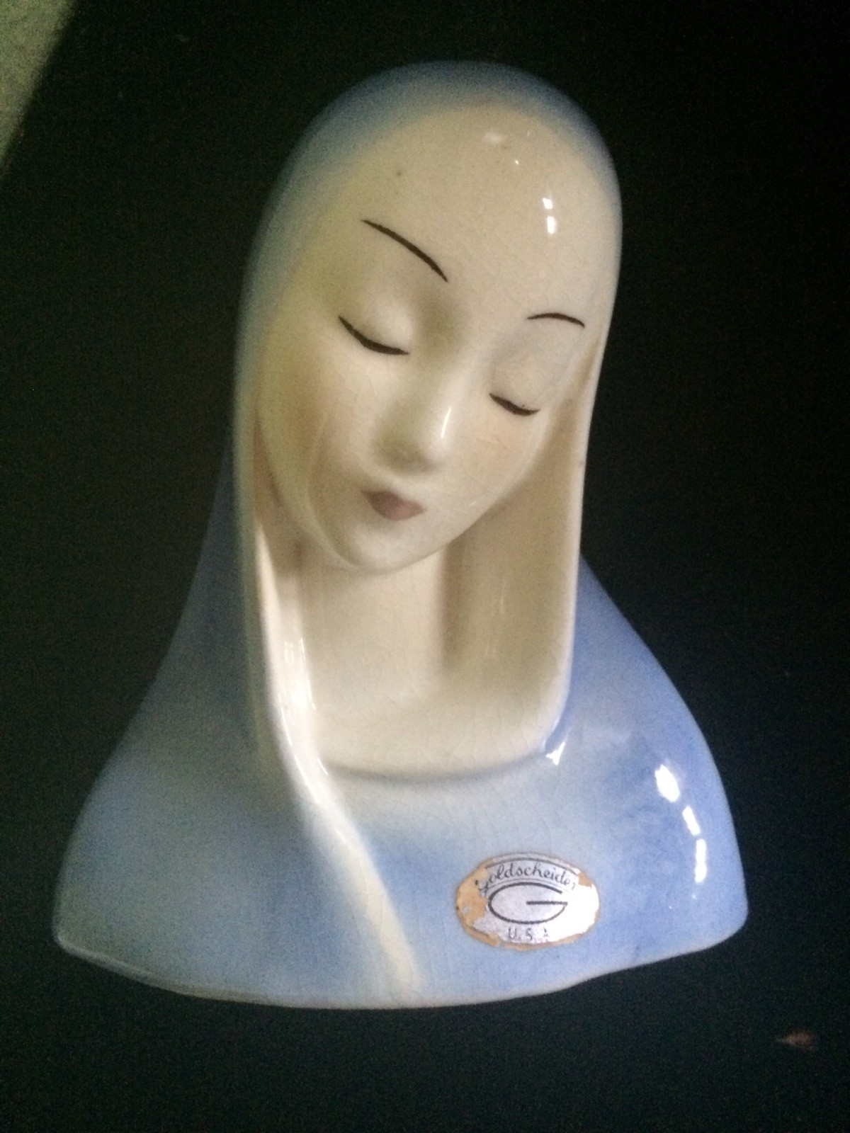 VTG Goldscheider Porcelain Bust Head Woman in Blue Cape Madonna Mary