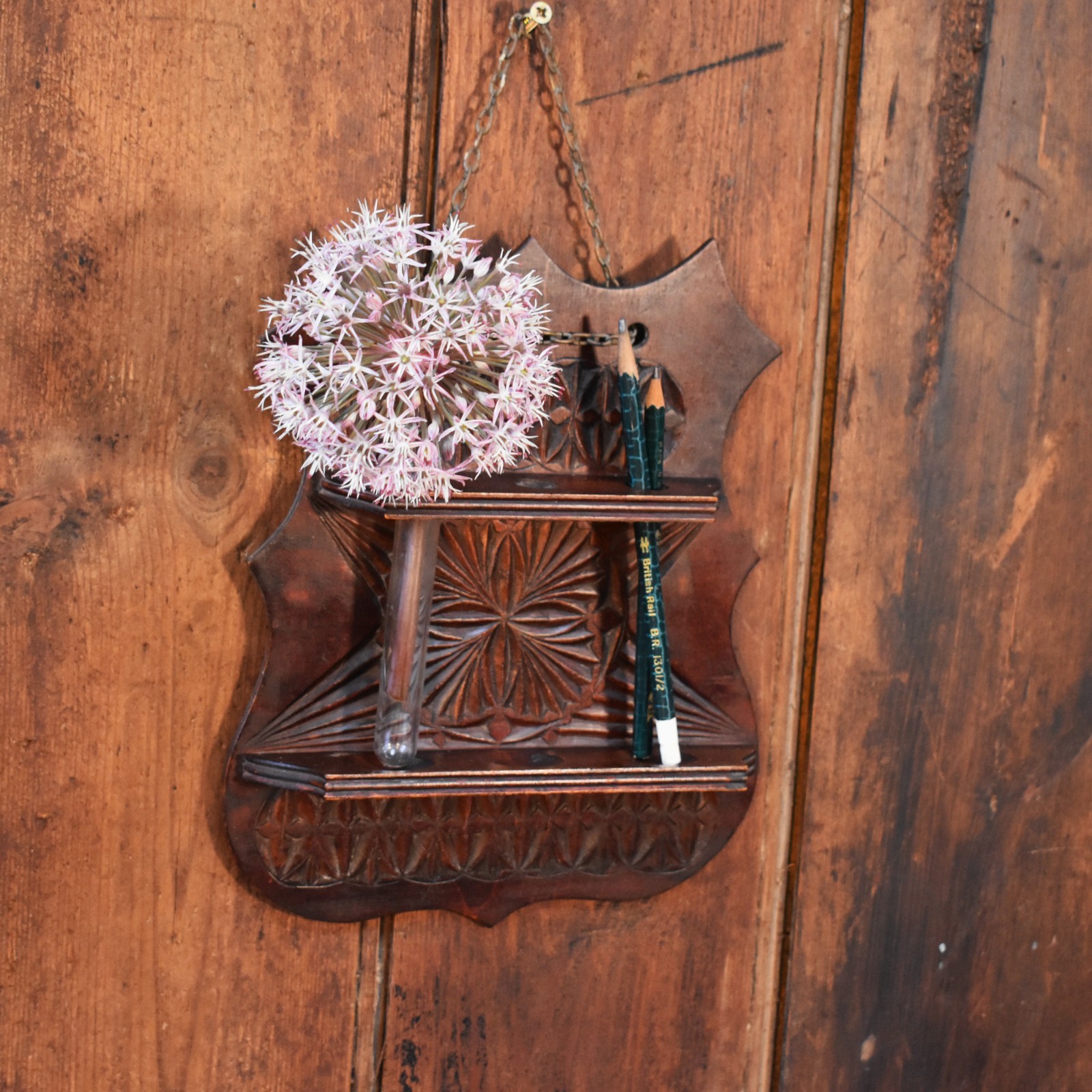 Antique Handcarved Folk Art Spoon Flower Rack Pen Brush Wall Shelf Stand