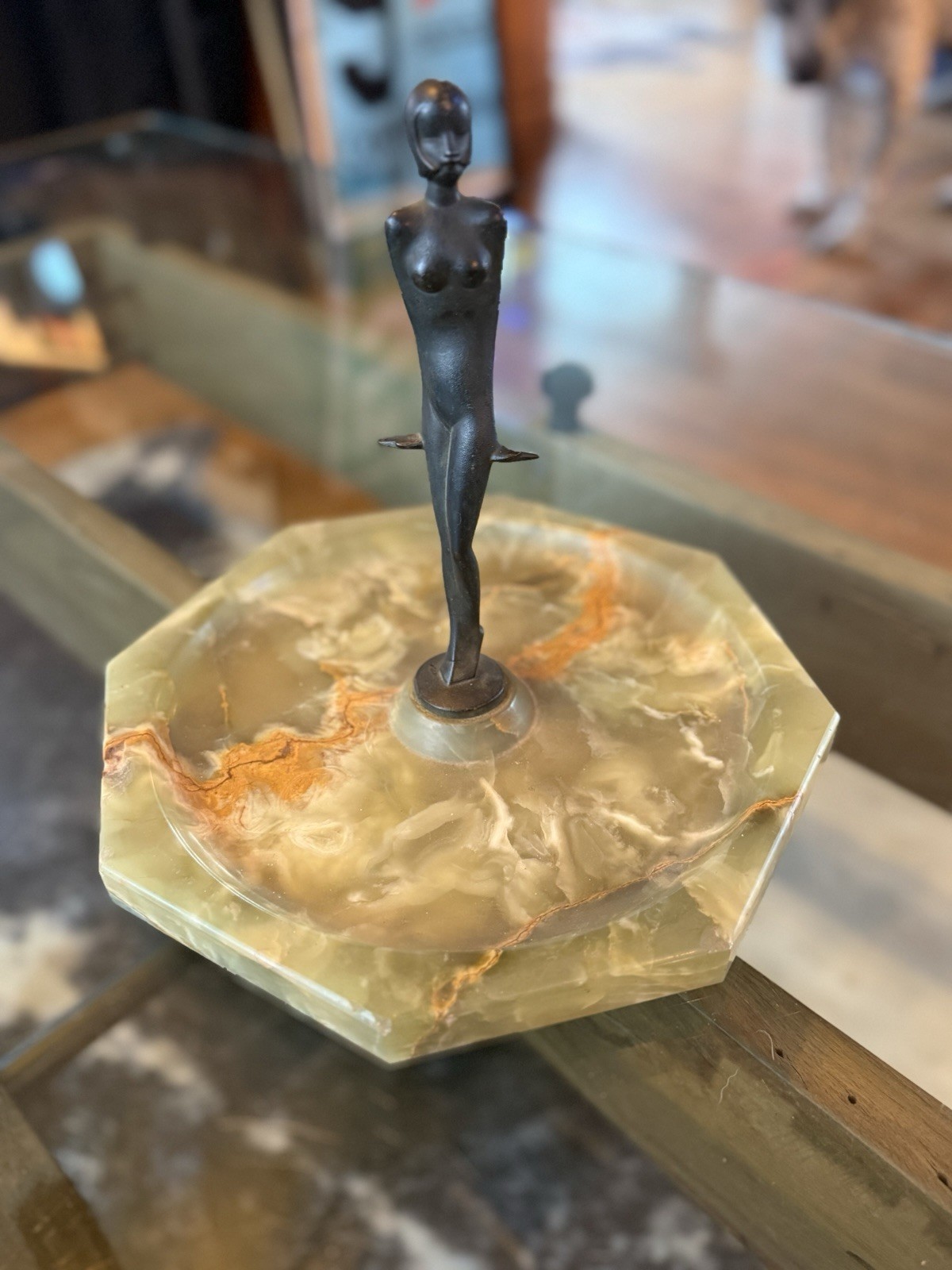 Art Deco Bronze and Green Agate Figural Ashtray, C 1920s Nude Lady