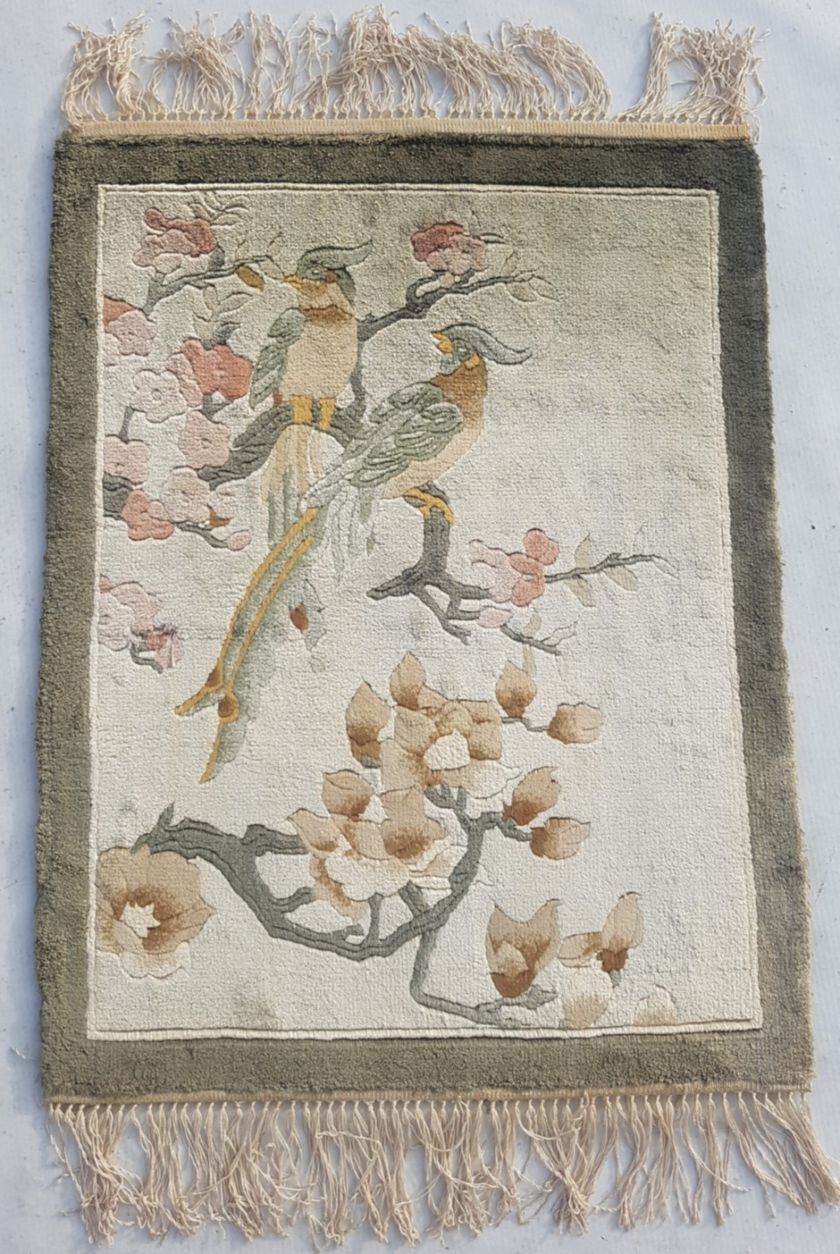 Vintage Chinese Handmade cherry blossoms Multicolor Wool Rug Carpet 60×47 cm