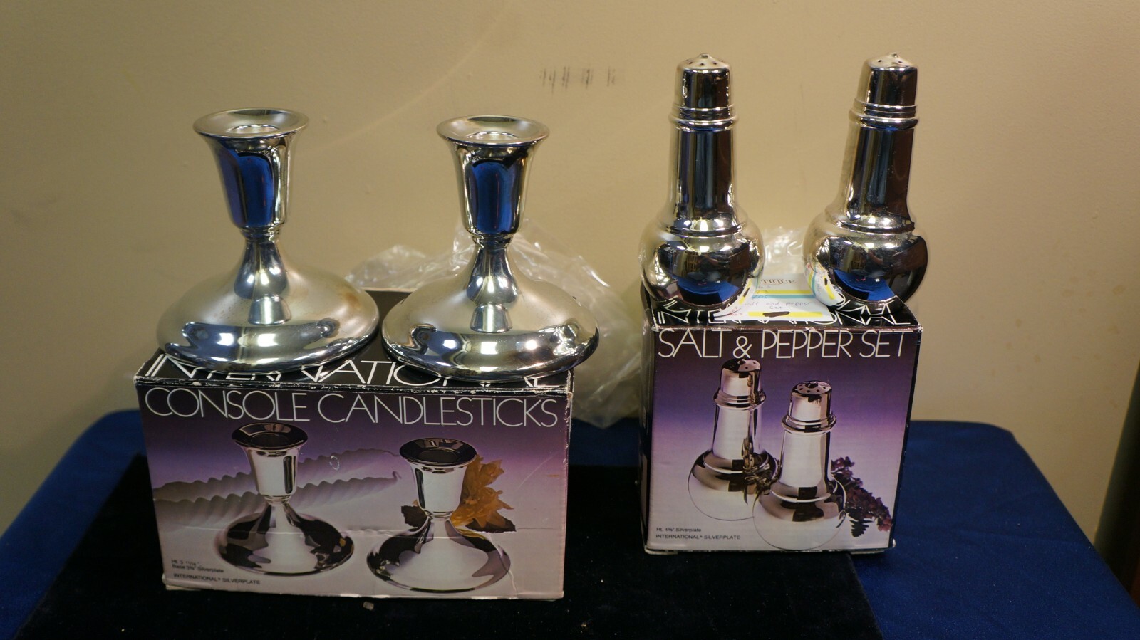 LOT OF 2 INTERNATIONAL SILVER PLATE SALT N PEPPER-CANDLESTICK SETS HOME DECOR