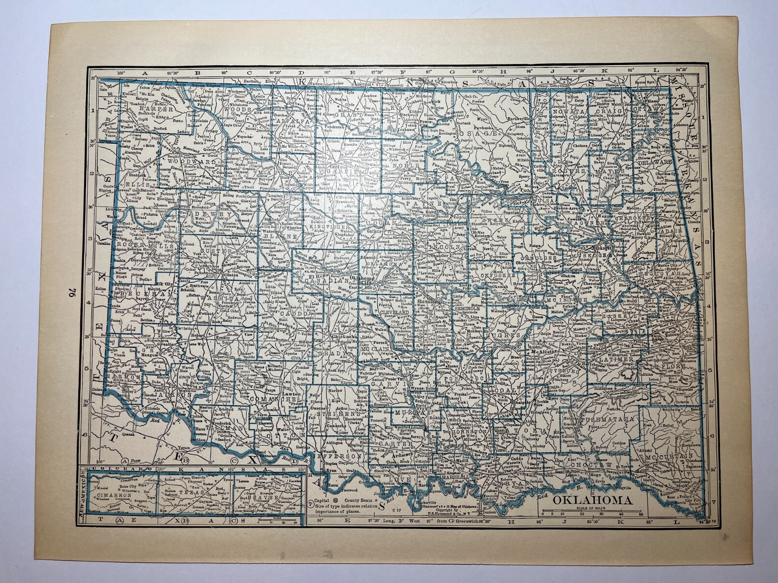 1921 OKLAHOMA State Map RARE BLUE fm 1921 New Reference Atlas SEE DESCRIPTION