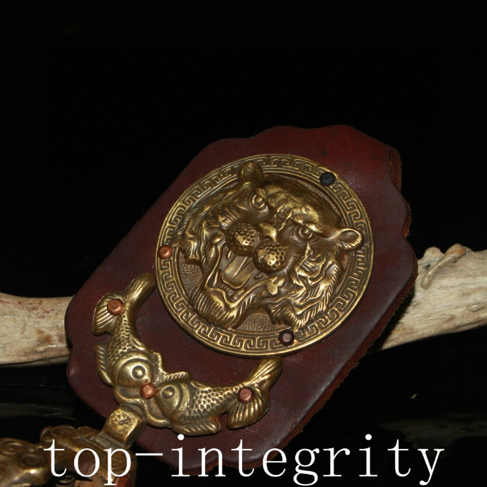 5.3″ Old Pure Bronze Fengshui Fish Goldfish Fishs Animal Tiger Head Belt Buckle