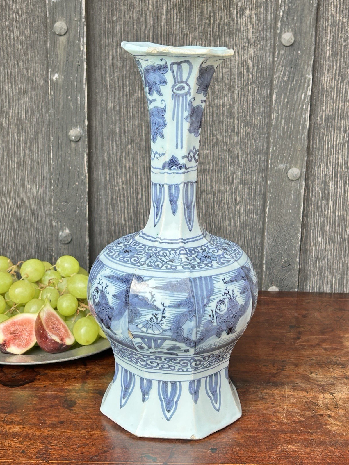 Antique Late 17Th Early 18Th Large Dutch Delft Octagonal Bottle Vase Garlic Neck