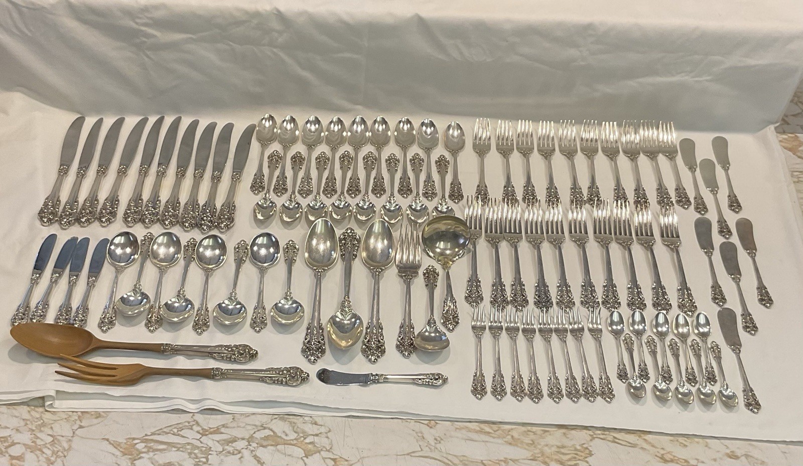 93pc Wallace Sterling Silver Grande Baroque Flatware 10 Person Service + More