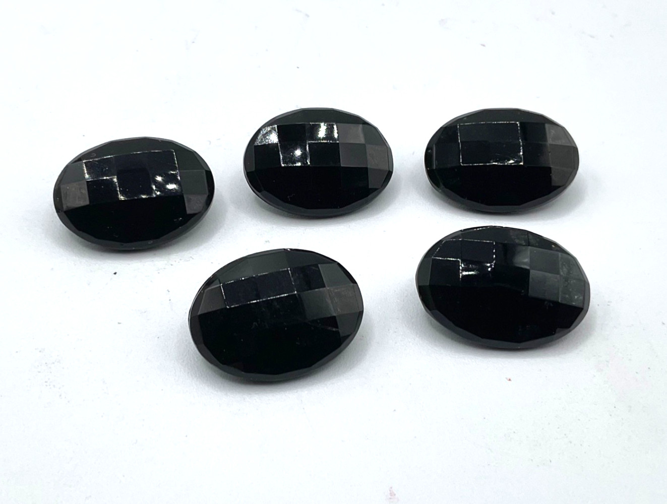 Vintage Black Glass Faceted 5 Oval Buttons w/ Self Shank 1” Long