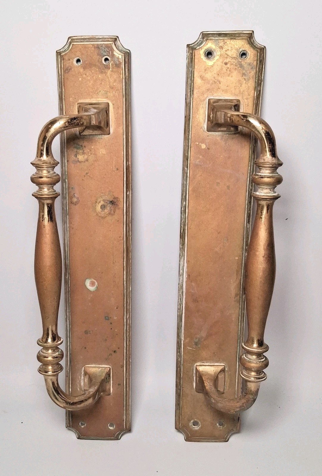 Pair Antique Brass Large Pull Handles 15″ Edwardian Scroll Style Patina