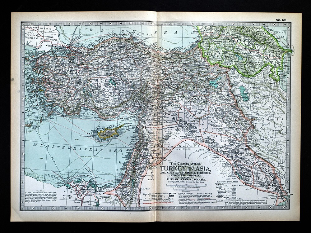 1897 Century Map Asia Minor Turkey Iraq Syria Constantinople Damascus Jerusalem