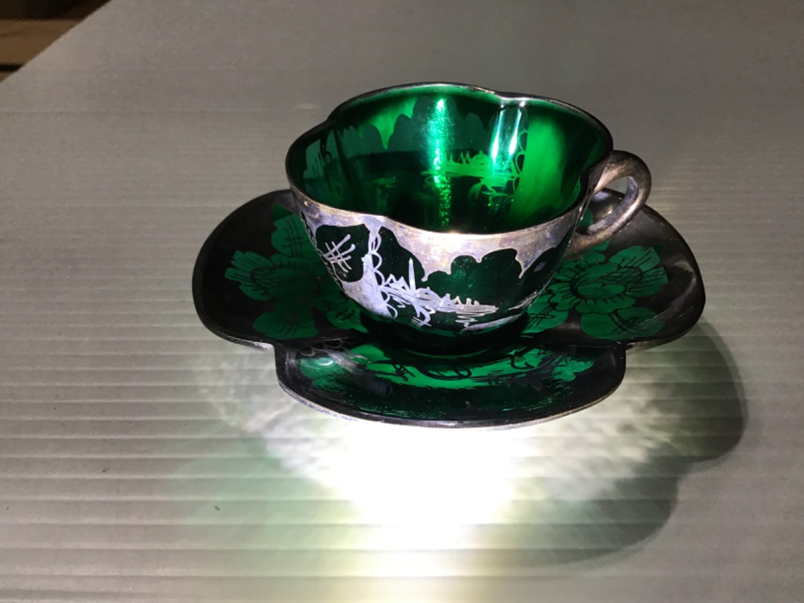 Silver Overlay Green Glass Cup and Saucer – Gondola/Flower Design, Super Cute