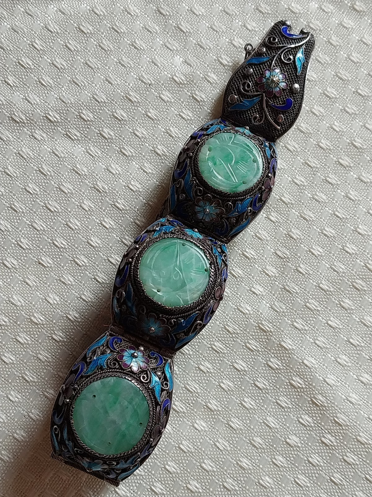 Vintage Chinese Cloisonné Enamel Gilt Filigree Jade Panel Silver Bracelet