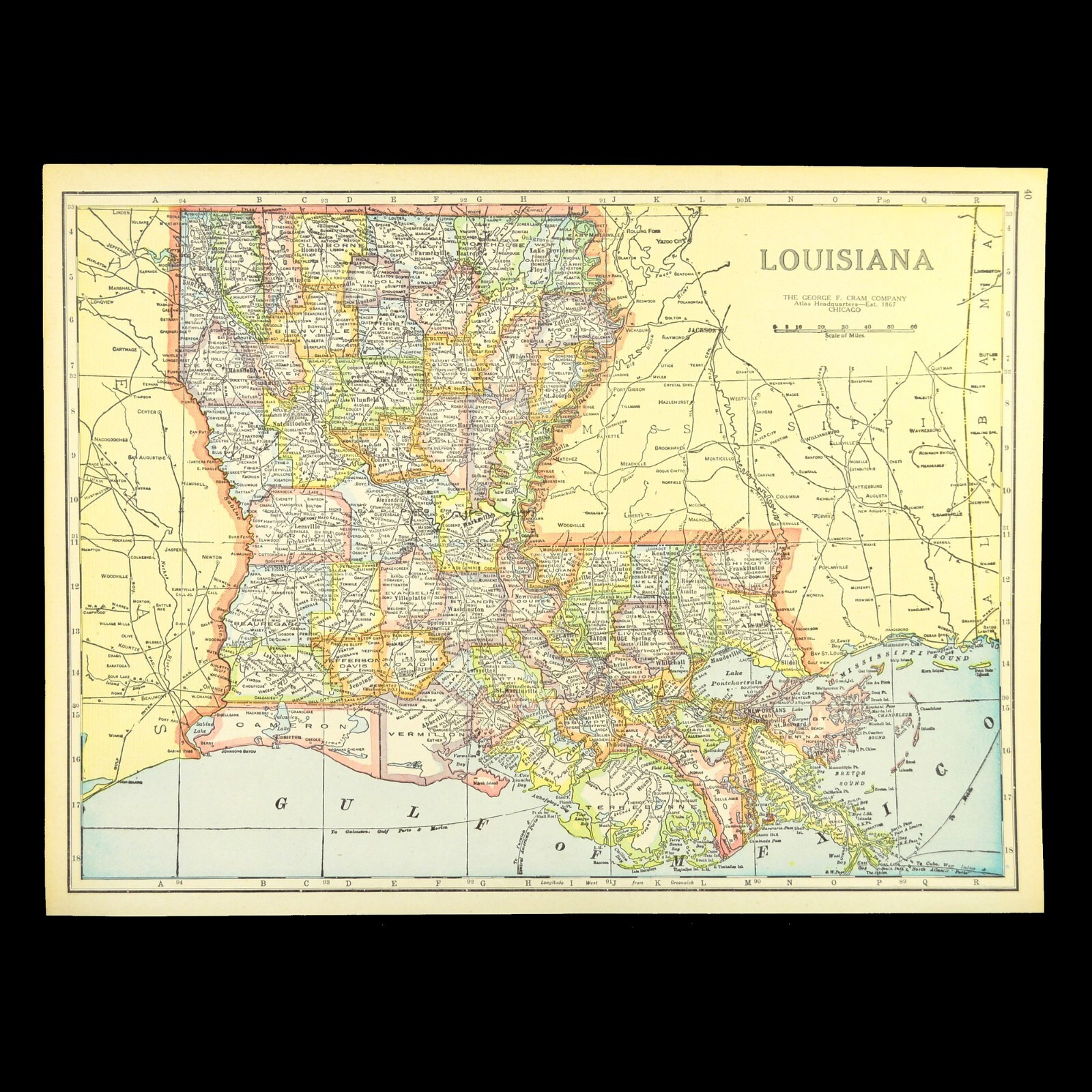 Vintage LOUISIANA Map Wall Art Original Lake Pontchartrain New Orleans Antique