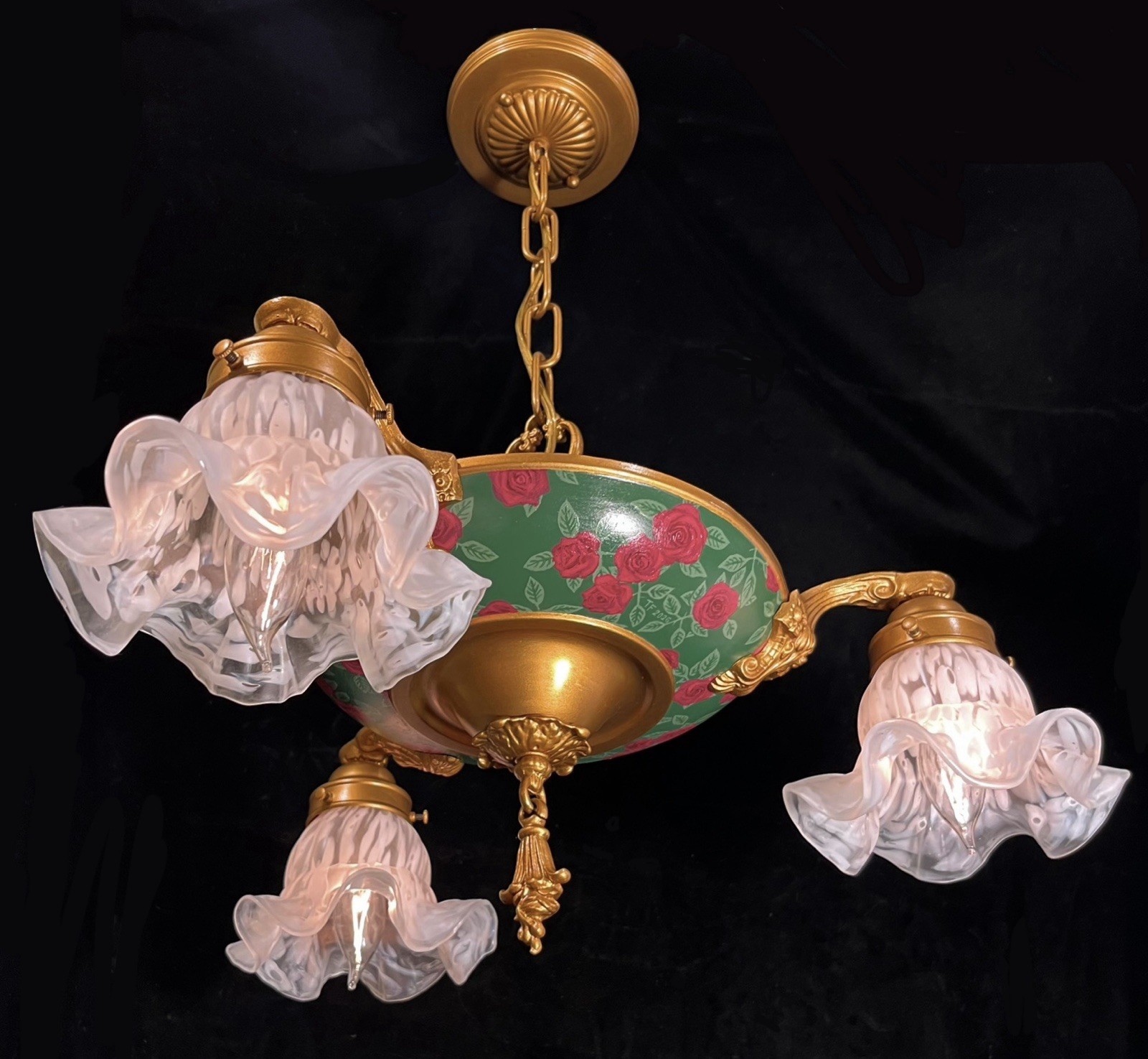 Antique Vtg HAND PAINTED ROSES 3 Light Fixture French Country Cottage Victorian
