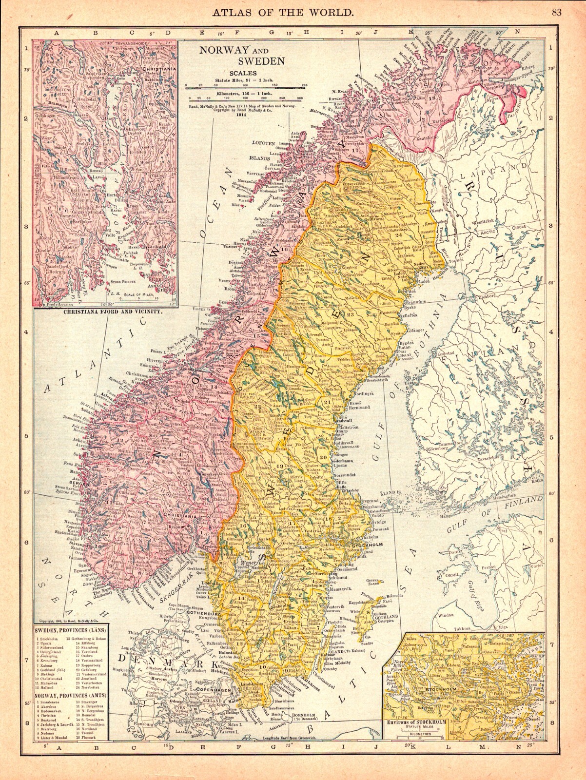 “NORWAY & SWEDEN” Antique original map 1914