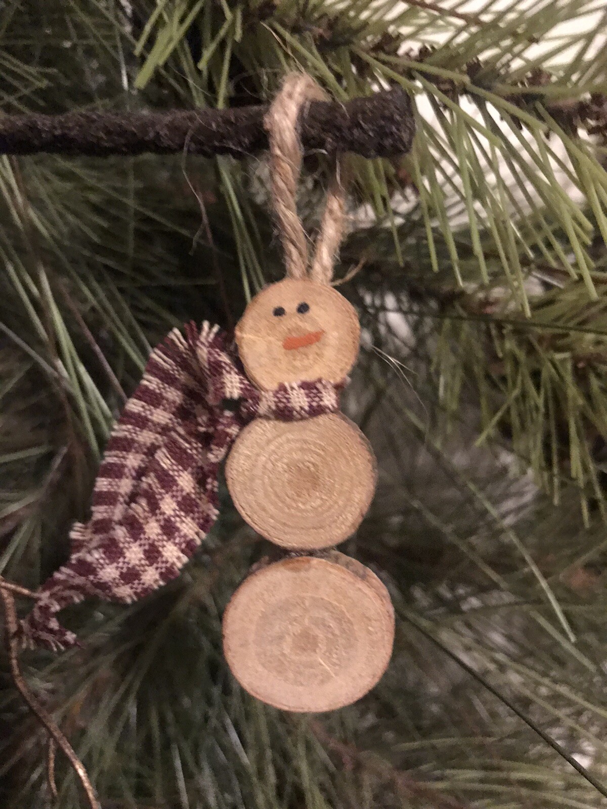Primitive Christmas Mini Wood Slice Snowman Ornament 2-1/2” New