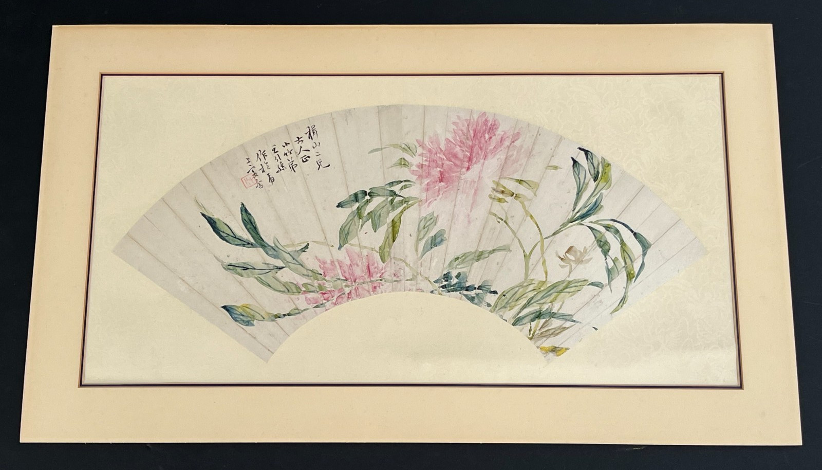 Early 20th Century Chinese “peony” Mounted Fan Painting, Ink and Color on Paper