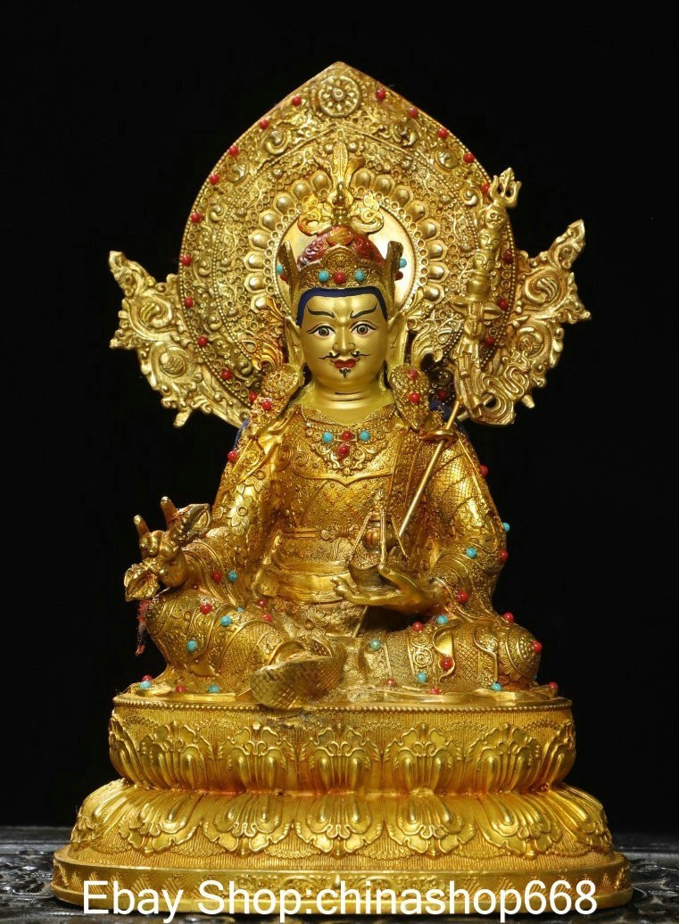 10″ Rare Old Tibetan Copper Gilt Gems Seat Guru Padmasambhava Buddha Statue