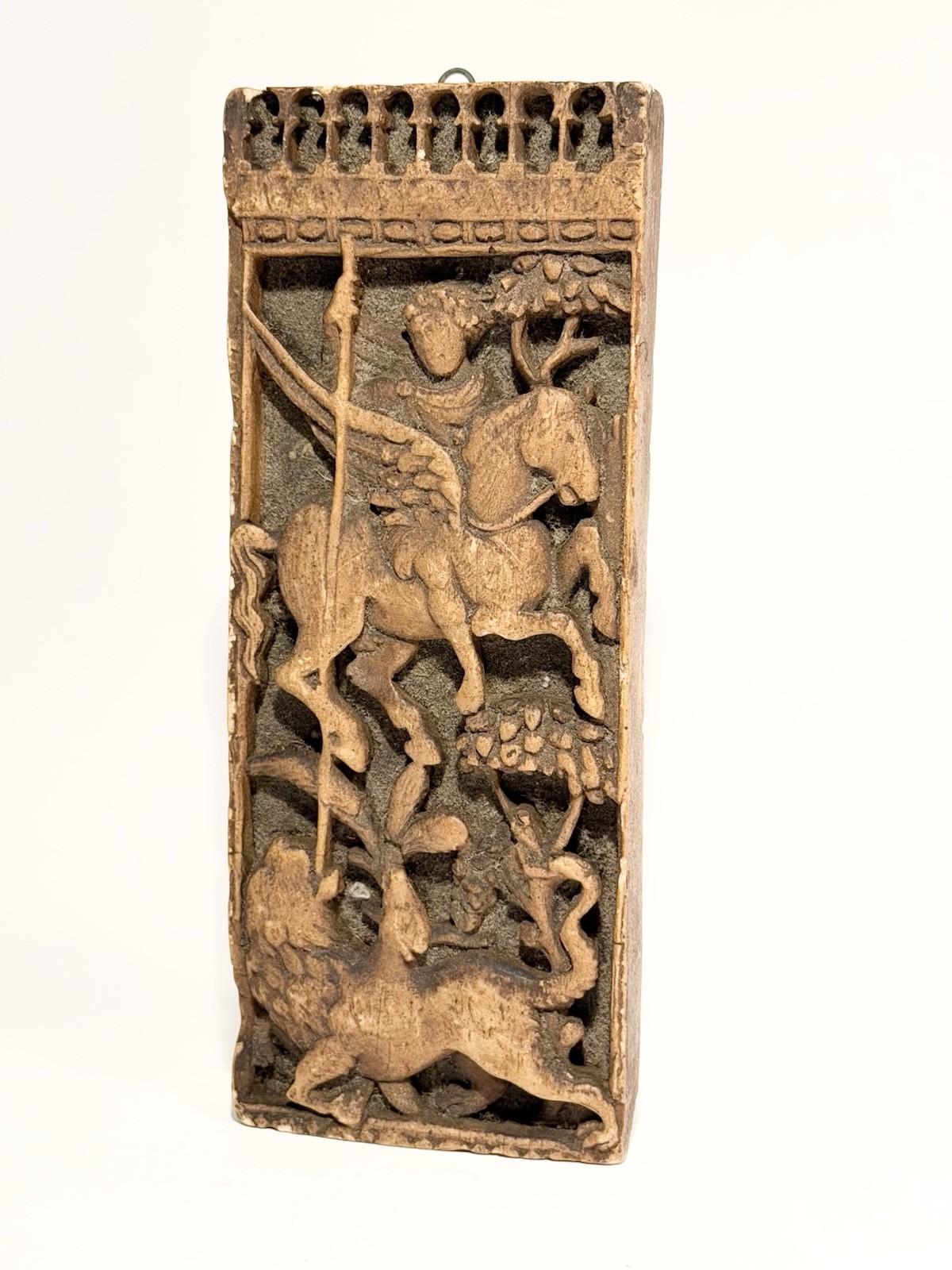 Antique Ca 1800 Continental Chalkware Plaque Bellerophon & Pegasus & Lion