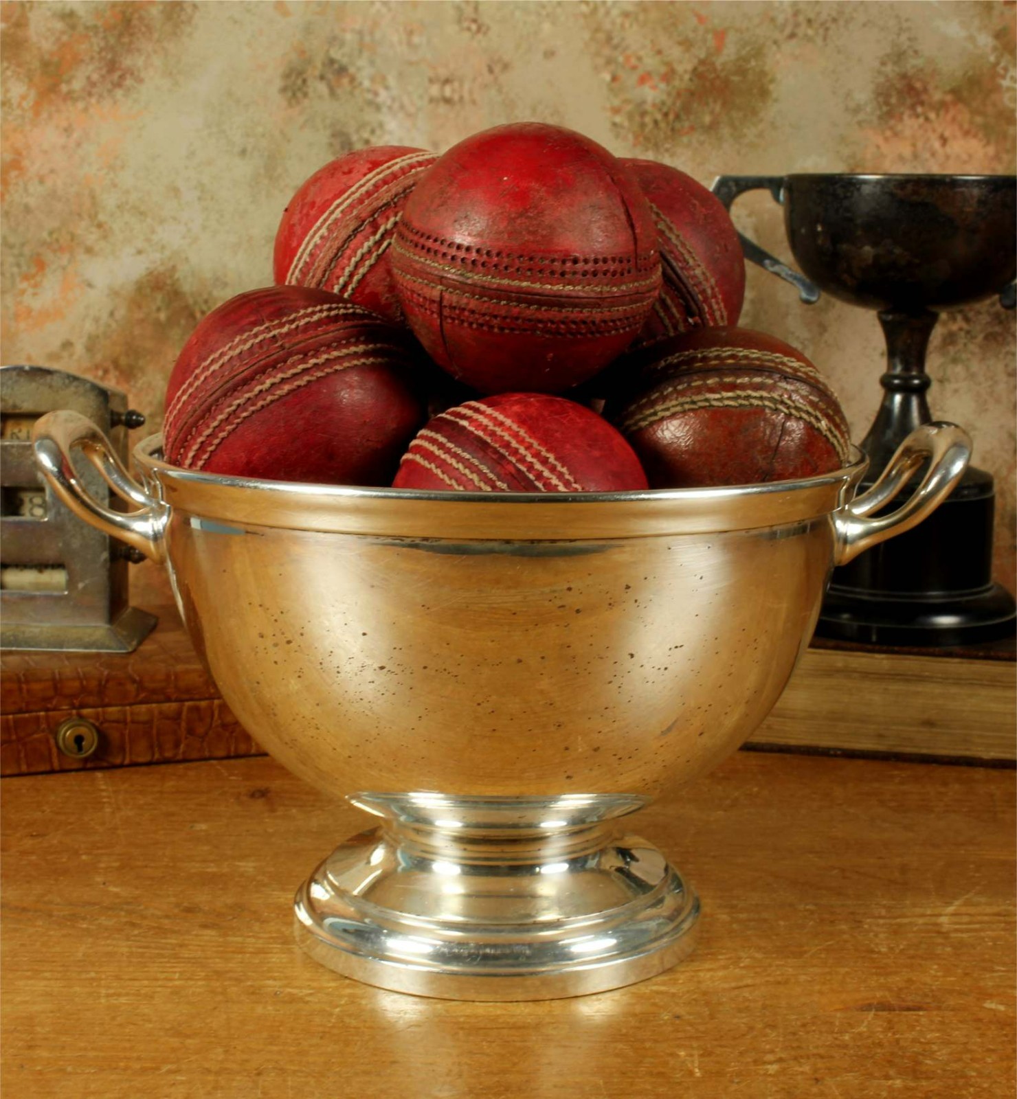 Antique WMF Silver Plate Trophy Bowl & 12 Vintage Leather Cricket Balls. c1910