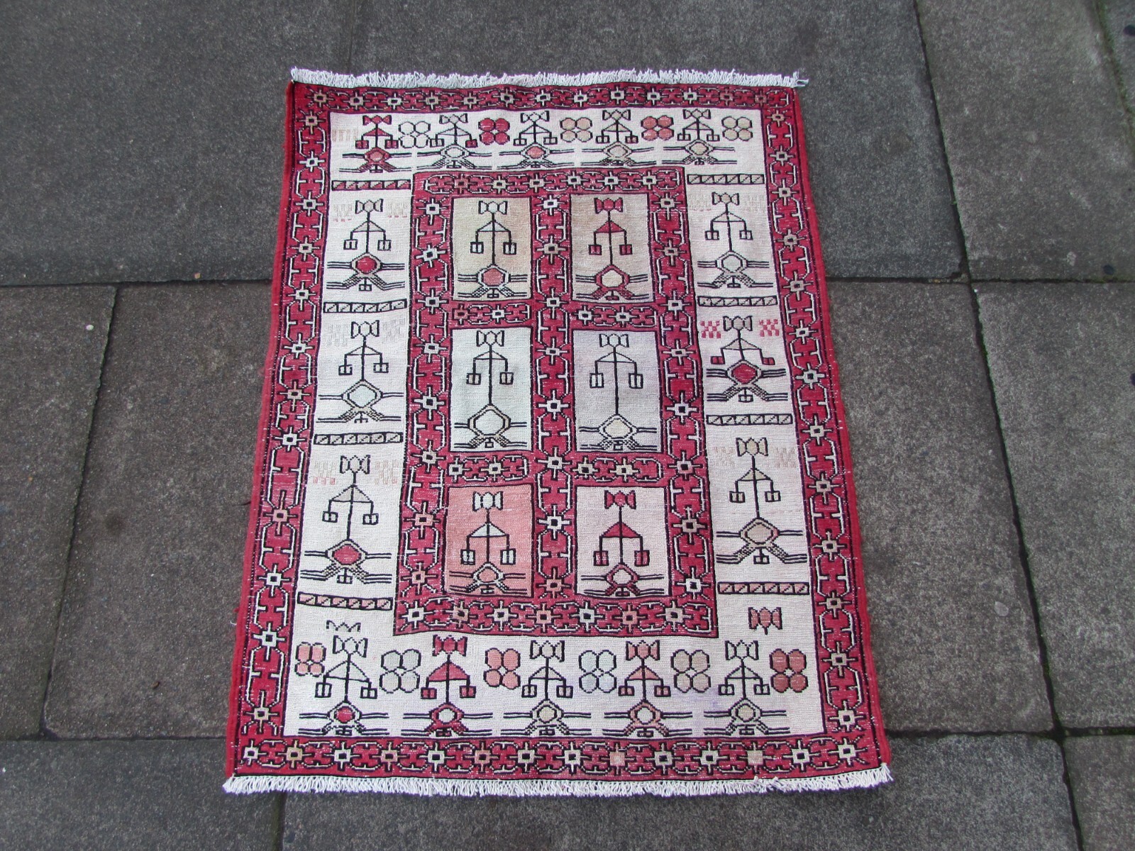 Vintage Traditional Hand Made Oriental White Red Silk Somak Kilim 97x76cm