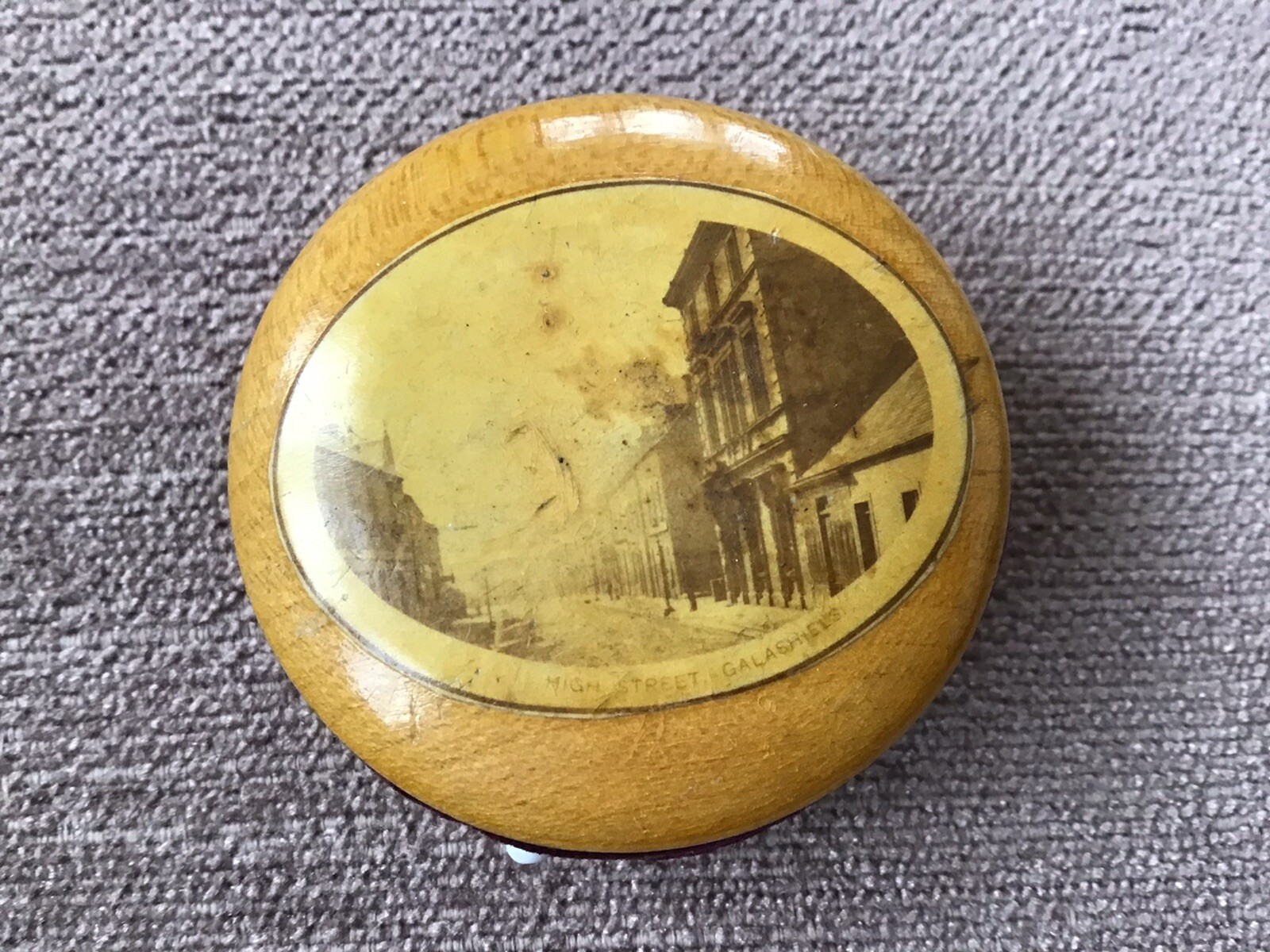 Antique Mauchline Photografic Ware Round Pin Cushion. Galashiels. 5cm.