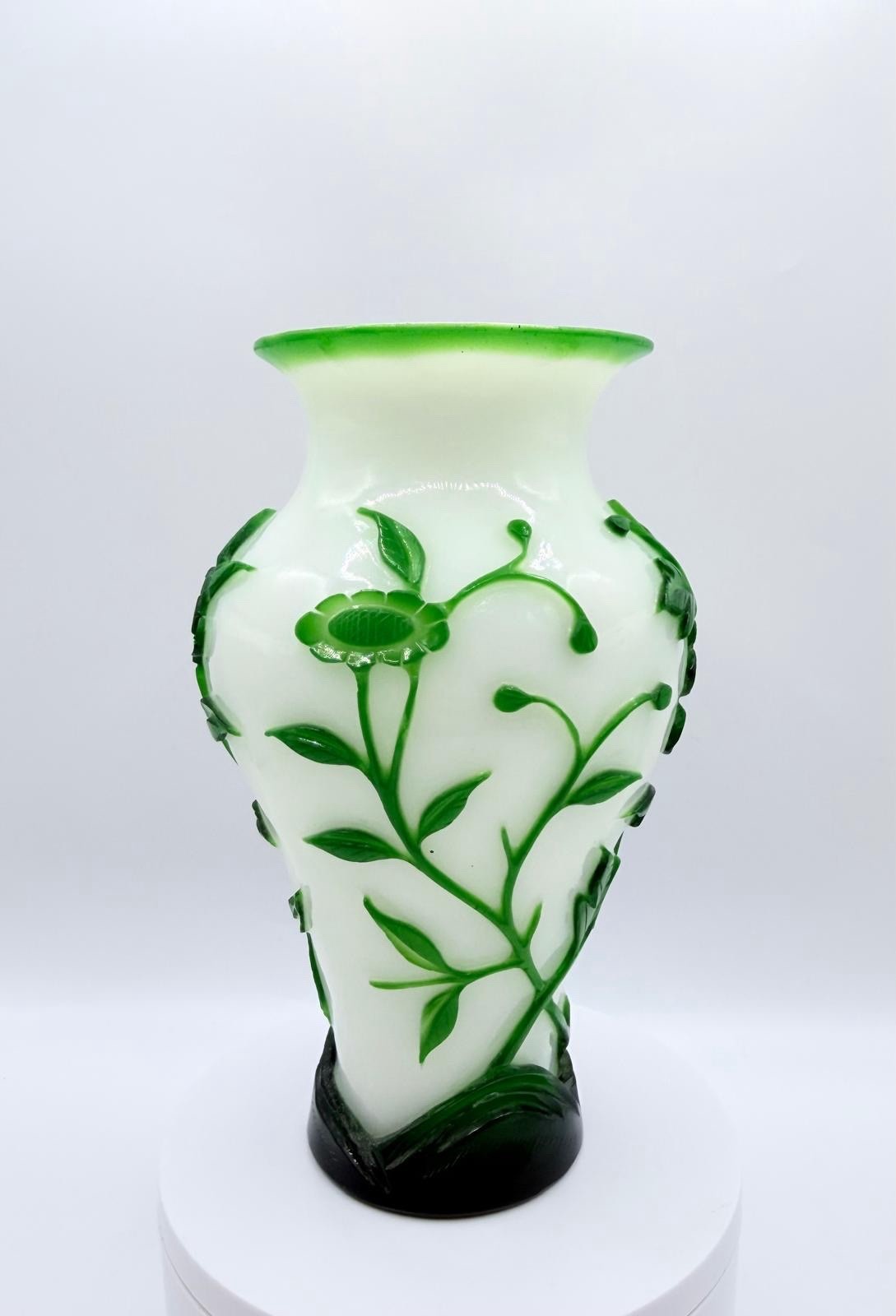 White & green Peking glass Vase w/flowers and butterflies antique Chinese c.1900