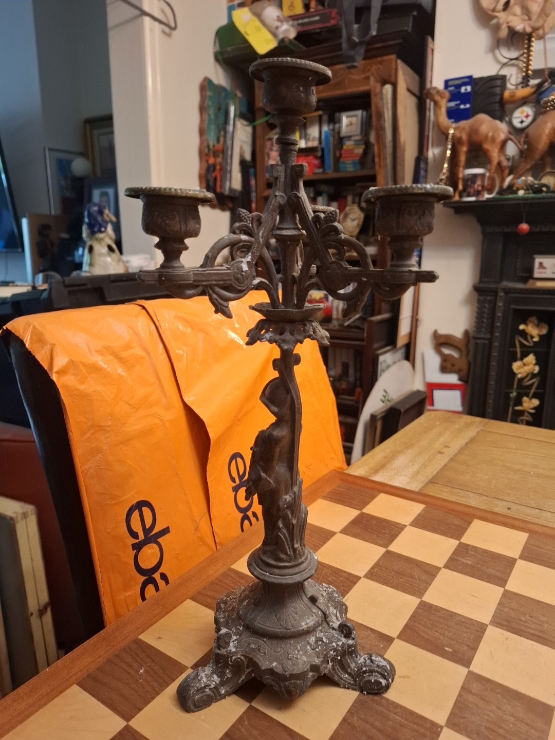 2 Antique Victorian French 271 LSF Spelter 3 Arm Candelabras Male Female Figures
