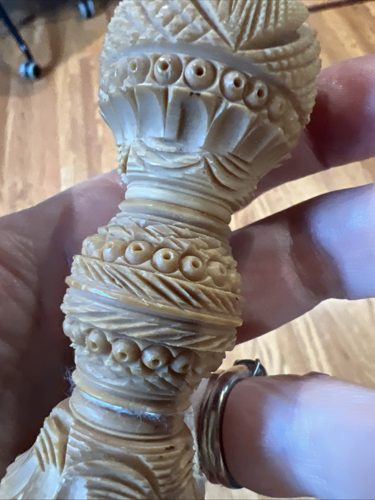 Stunning Antique Carved Sewing Needle Case Coquilla Nut Victorian