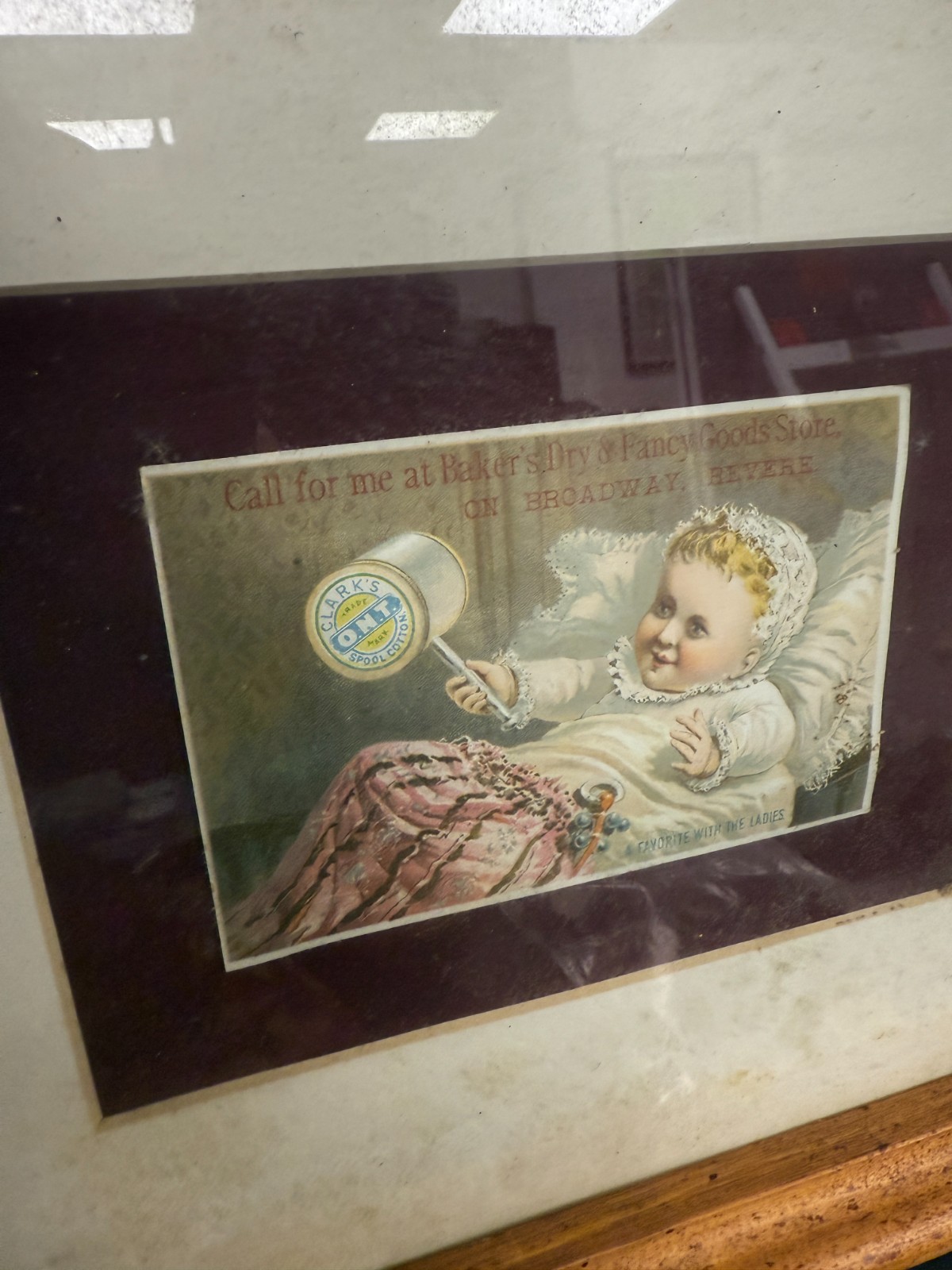 Antique Clark’s O.N.T. Spool Cotton Trade Card Baby Print Framed c.1880s