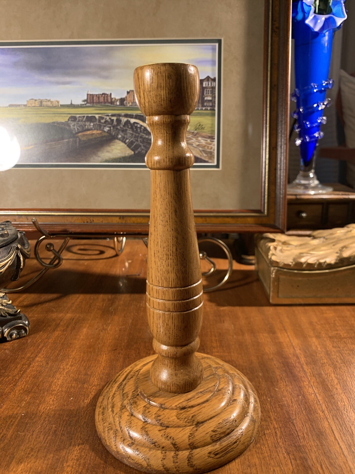 Primitive Country Light Toned Oak Wood Candleholder