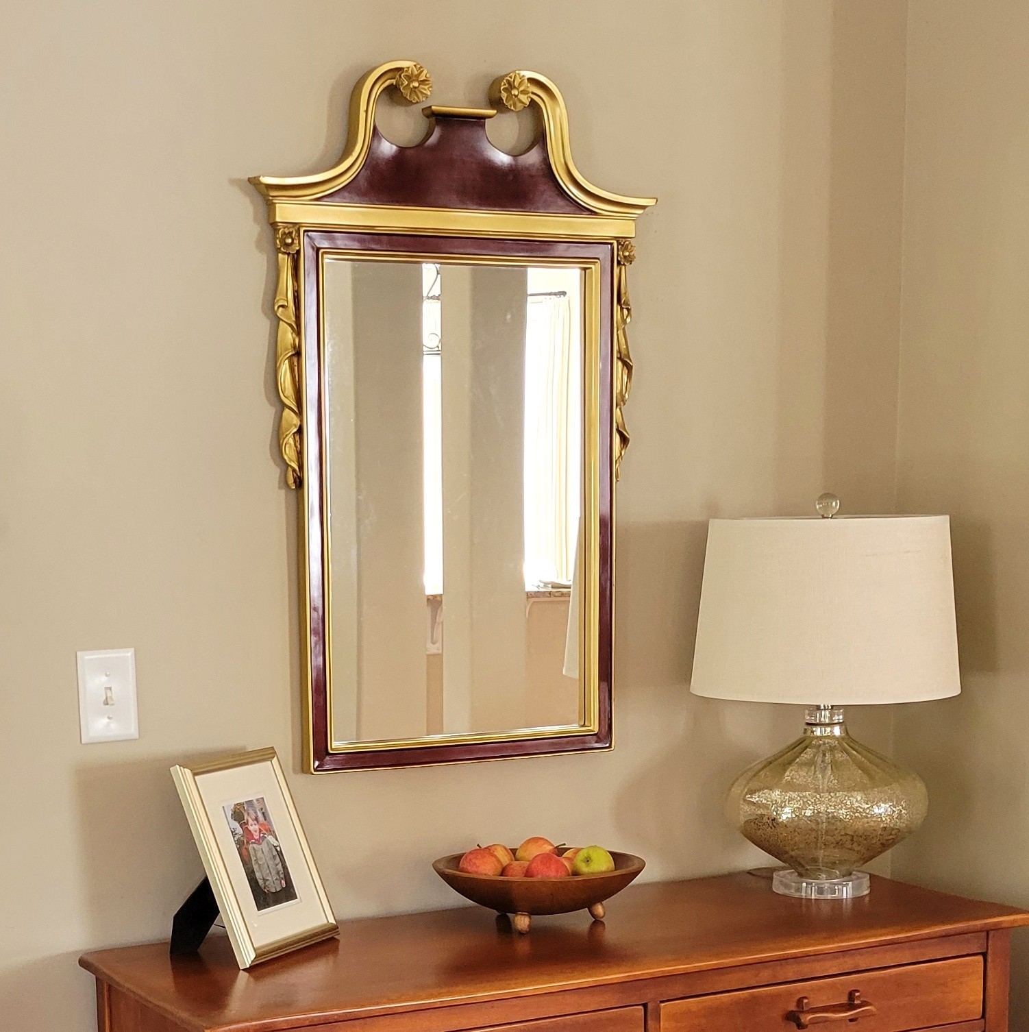 Vintage Federal/Chippendale Style Red & Gold Mirror Rosettes & Carved Fretwork!