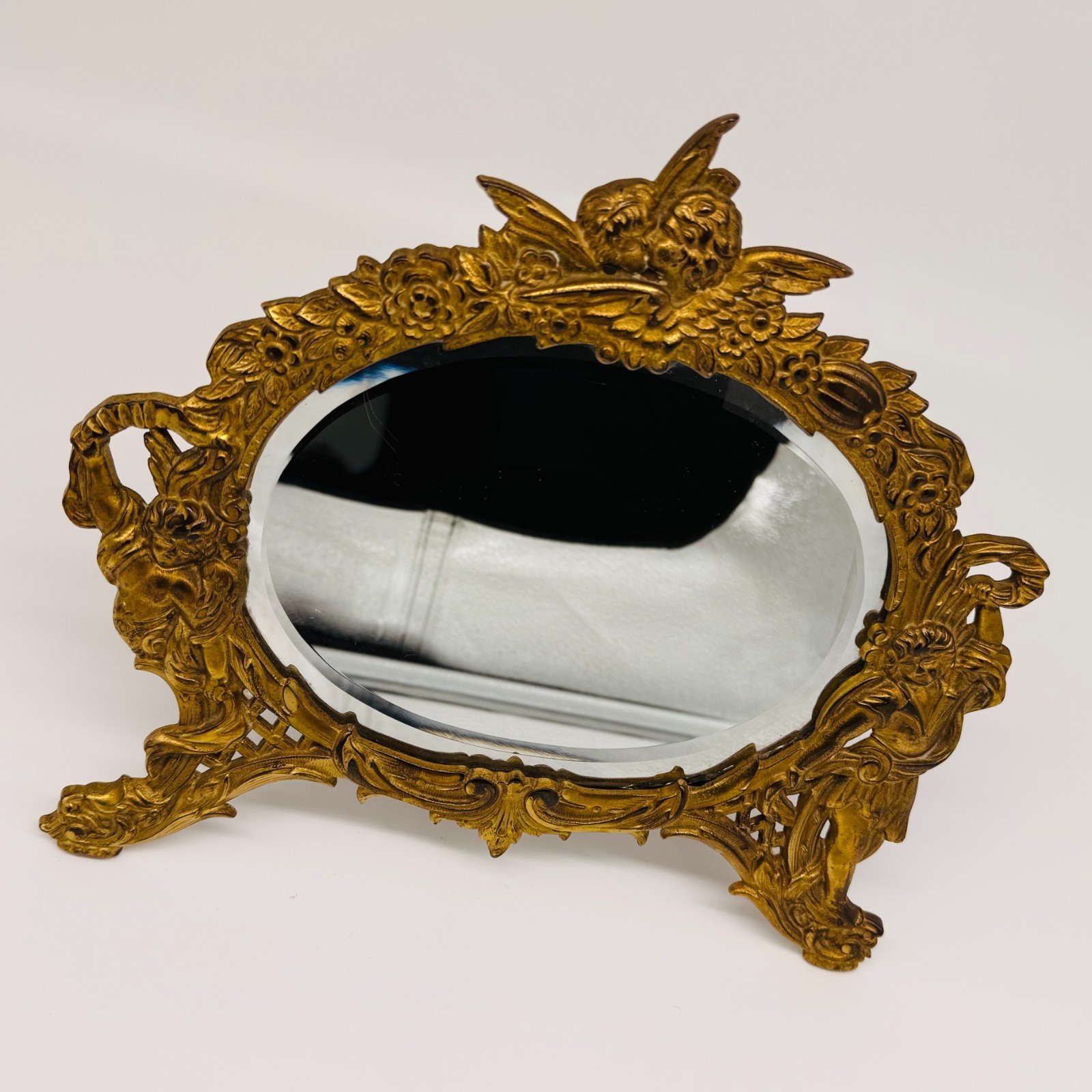 Antique Victorian Rococo Gilt Figural Cherub Oval Vanity Table Mirror