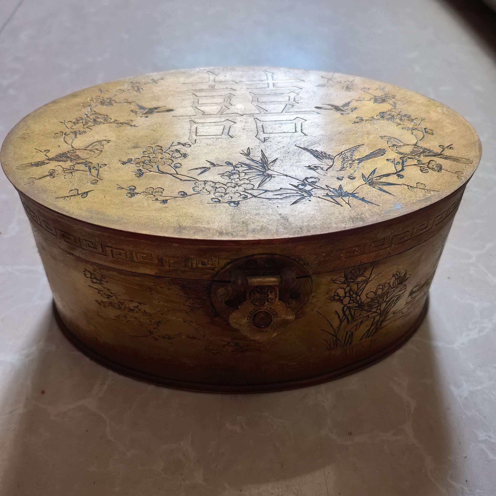 China old CollectionDouble Happiness Flower Bird Pattern Storage Copper Box