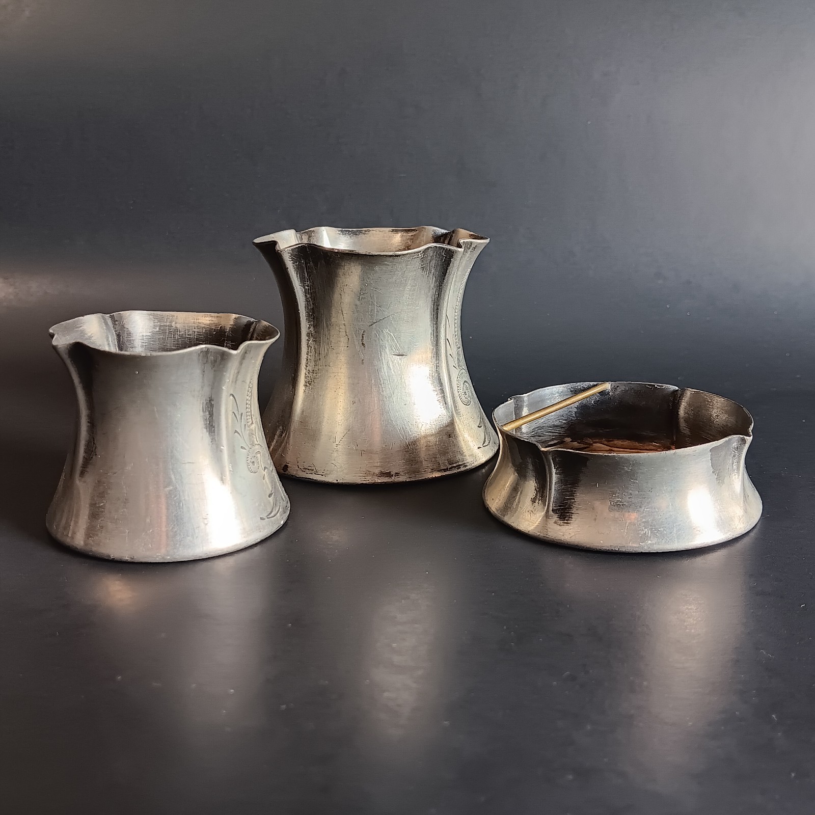 Silver Plated Engraved Victorian Cups Match Cigarette Holder Ashtray Smoking Set