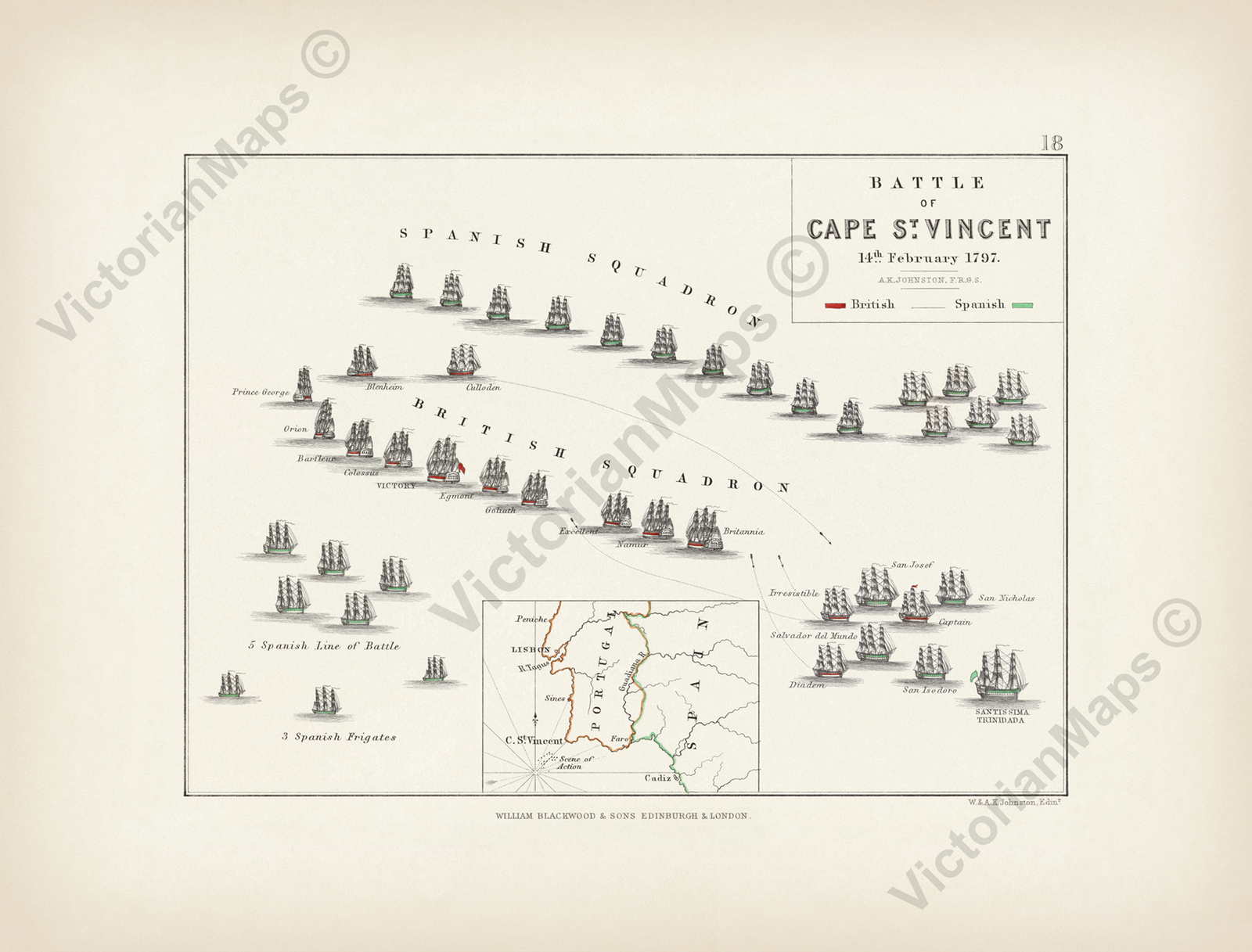 Battle of St Vincent 1797 map Johnston plan Alison’s Atlas 1850 art print poster