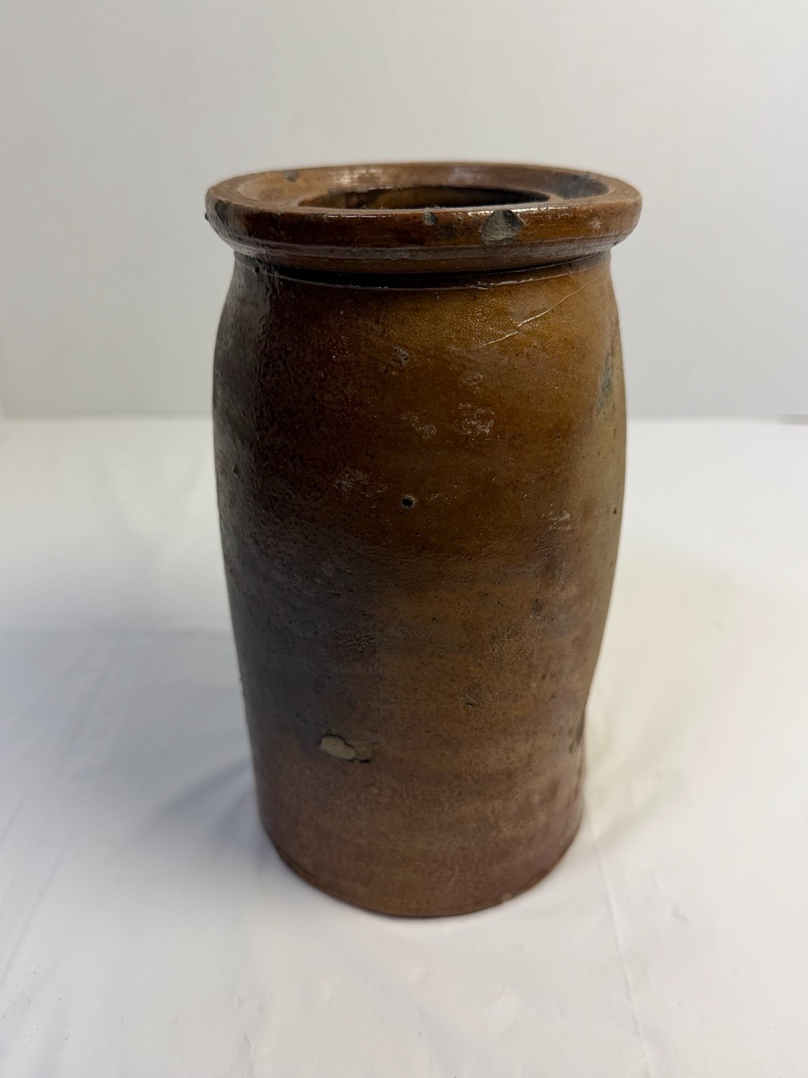 Antique Primitive Brown Glazed Stoneware Preserve Jar Crock 7.5″ Rolled Rim