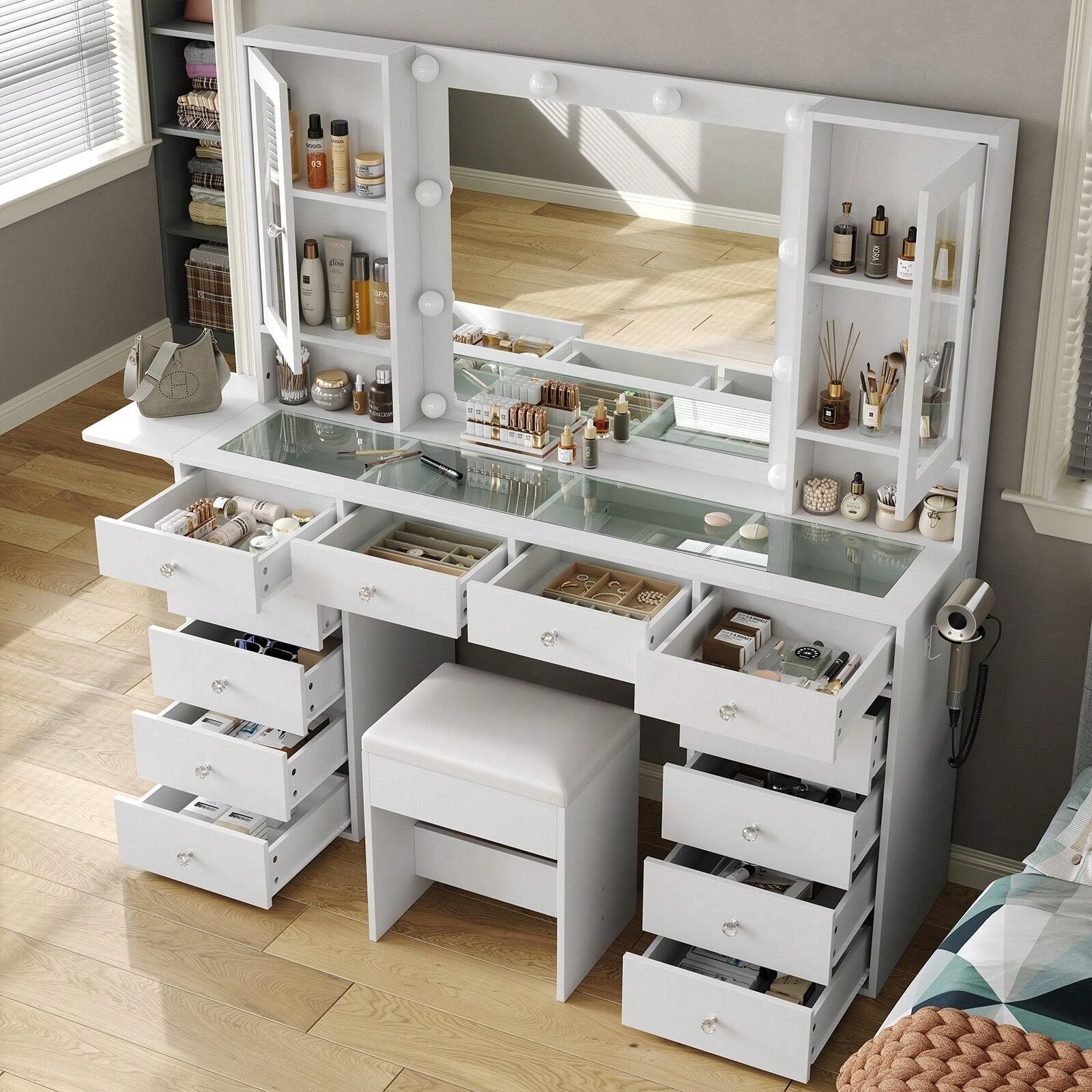 Makeup Vanity With Power Outlet Mirror 10 LED Lights 12 Drawers And 2 Cabinets