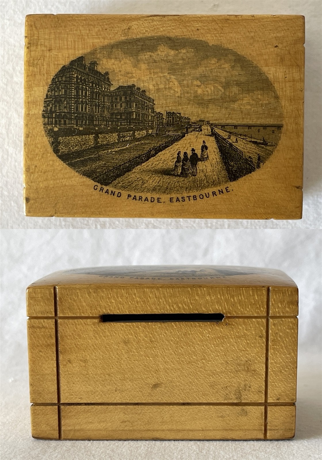 Antique Souvenir EASTBOURNE GRAND PARADE Mauchline Ware Wooden Puzzle ? Box gM93